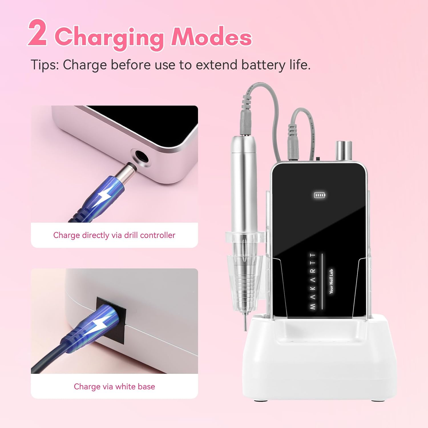 Makartt Electric Nail Drill - 35000RPM Rechargeable Efile with Coreless Motor, Nouvella Portable Nail Filer Machine for Acrylic Gel Removal with Drill Bits Set, Black - Nouvella Purple image number 3