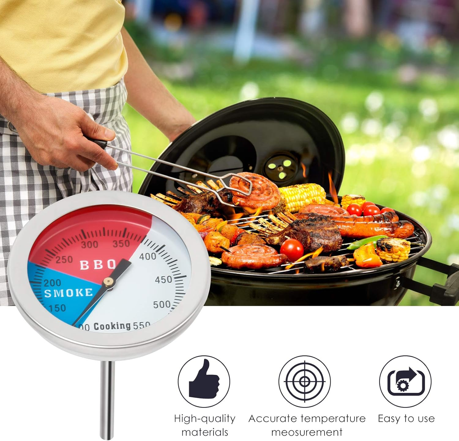 BBQ Thermometer Temperature Gauge, 2Inch Stainless Steel Barbecue Charcoal Grill Smoker Temp Gauge Pit, Fahrenheit and Heat Indicator for Cooking Meat (2-Pack) image number 3