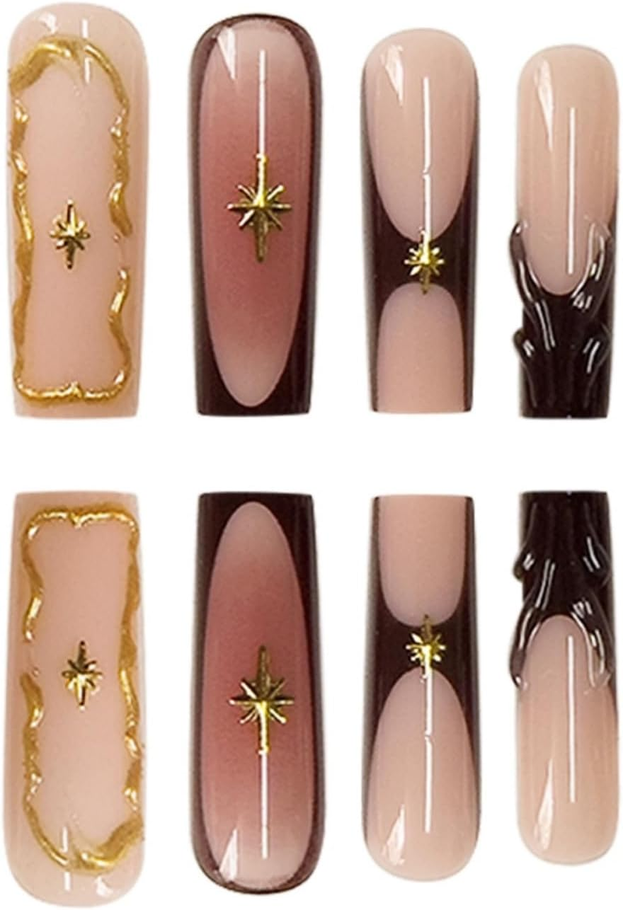 SEENEEY Brown Square Long Fake Nails French Style Extra Long with Gold Charm Designs Acrylic Nails Xl 24PCS image number 6