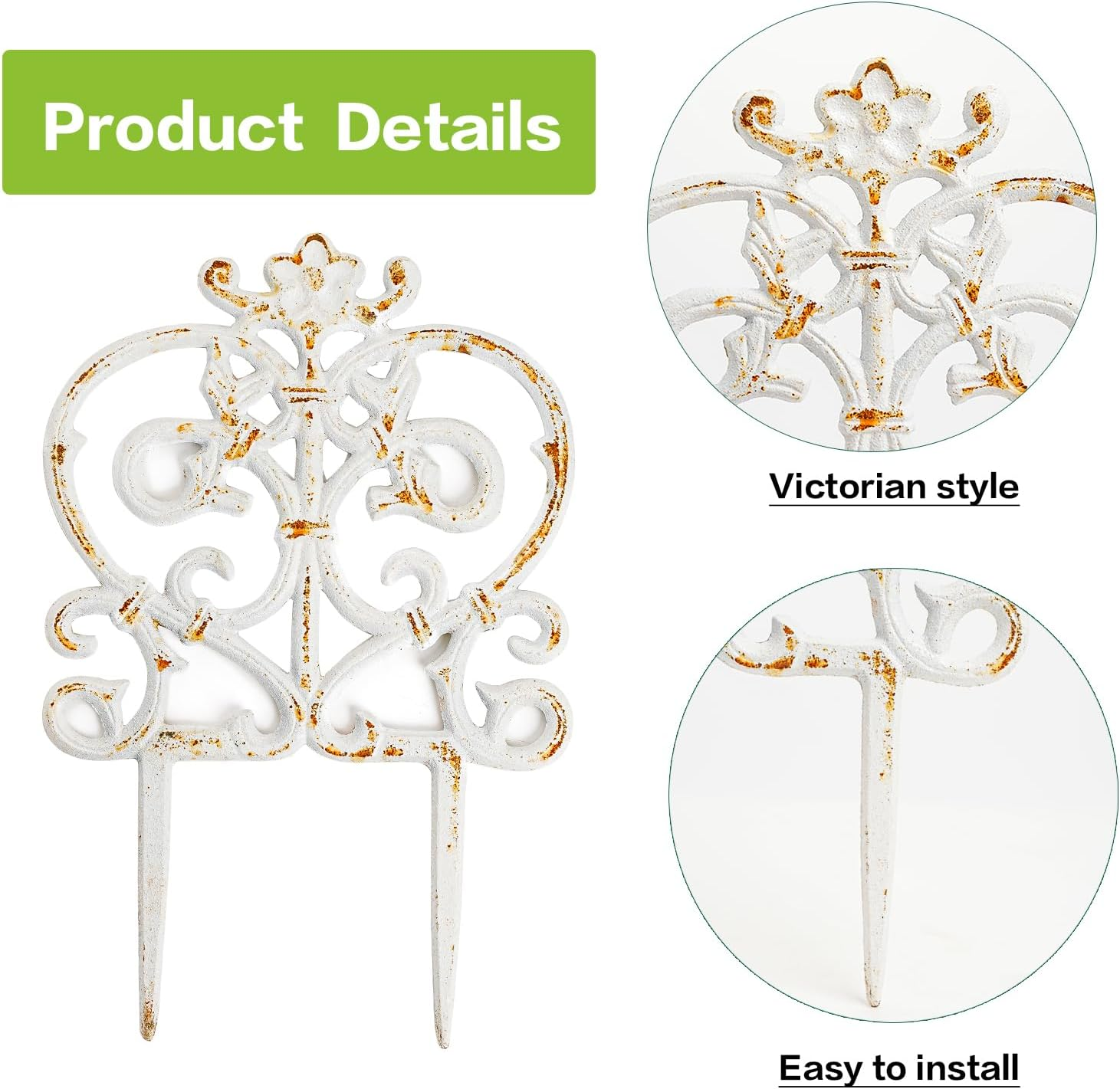 Sungmor Decorative Cast Iron Garden Edging, 4 Pack Rustic White Victorian Garden Edging Landscape Border, Vintage Metal Yard Stake Low Picket Fence, 11.8" Tall Outdoor Flower Bed Lawn Fence Panels image number 5