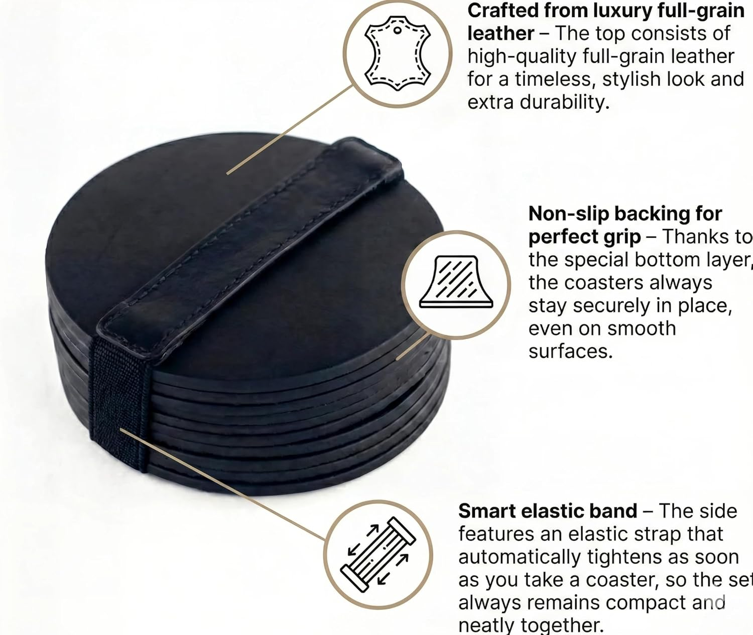 Brute Strength - Full Grain Leather Coasters - Black - round - Pack of 10 - round Glass Coasters - Drinks Coasters image number 5