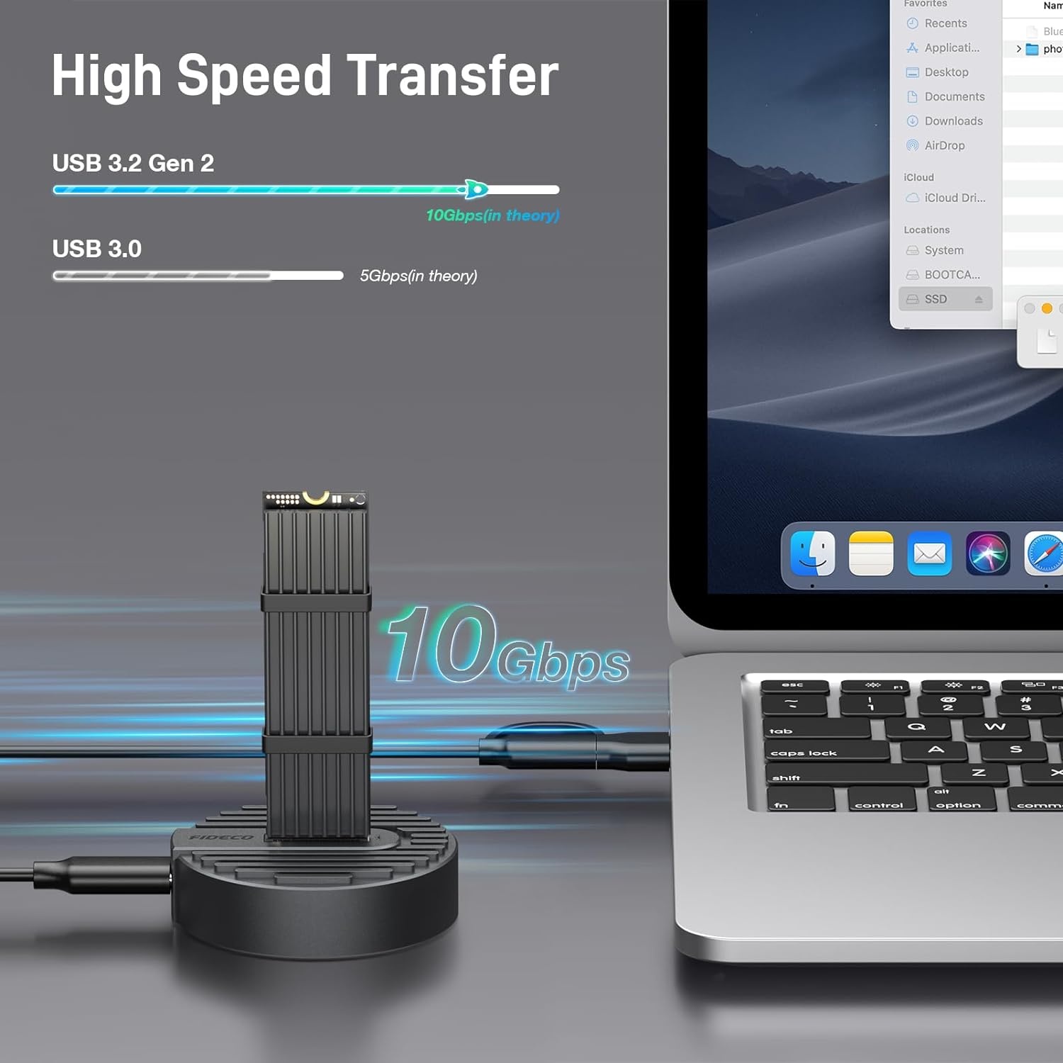 FIDECO USB to M.2 NVME SATA SSD Docking Station, USB 3.2 Gen 2 SSD Enclosure Adapter, Tool-Free NVME Reader, Support Maximum 10Gbps Data Transfer image number 4