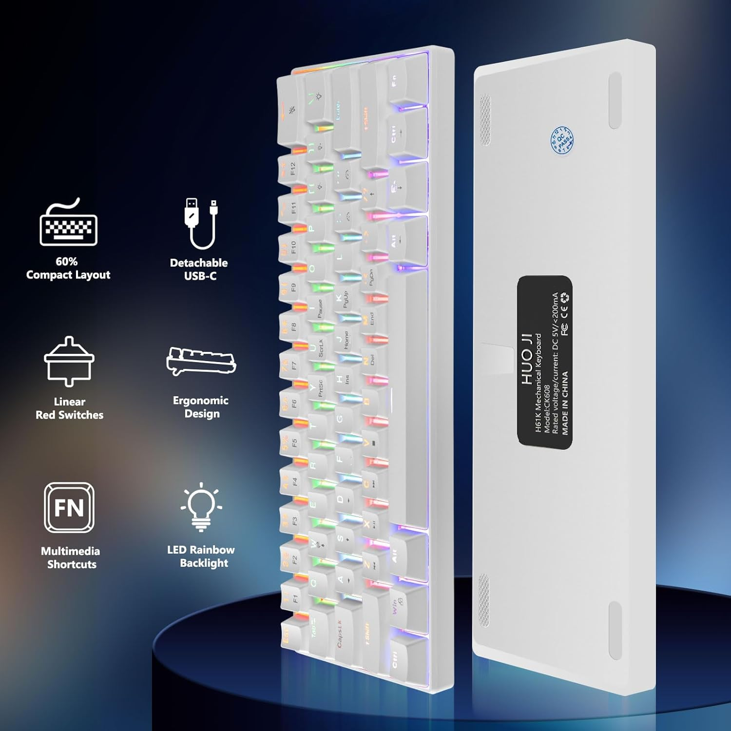 HUO JI Ck608 60% Mechanical Keyboard, Brown Switches Mechanical Gaming Keyboard Wired with LED Backlit, Ultra-Compact 60 Percent Computer Keyboard for Windows image number 4