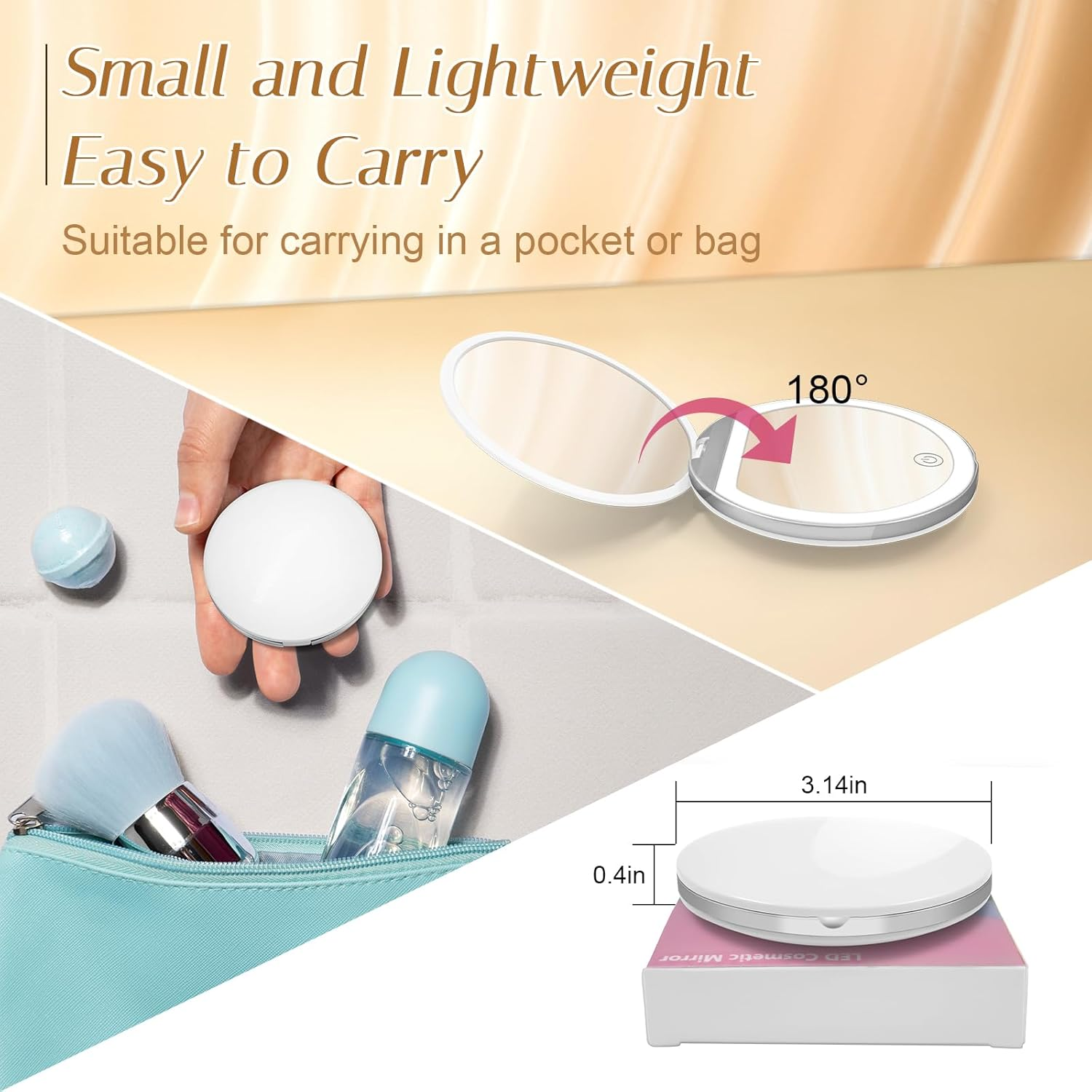 Compact Mirror with Light, 1X/3X Magnification LED Pocket Mirror with USB Data Cable, White Mini Mirror for Purse, Pocket,Travel and Present