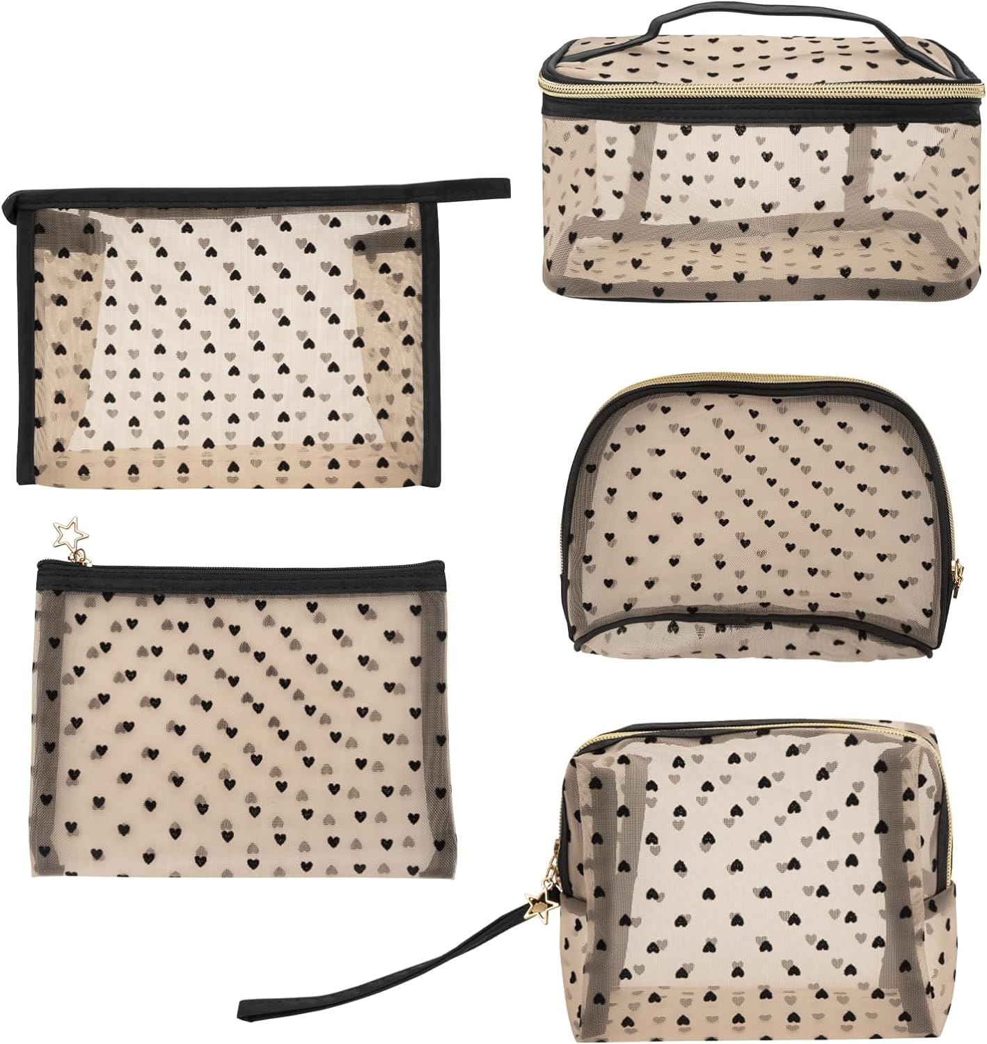 Mesh Makeup Bags, Heart Print Zipper Mesh Storage Pouch, Travel Cosmetic Accessories Organizer for Women, Black-Set of 3