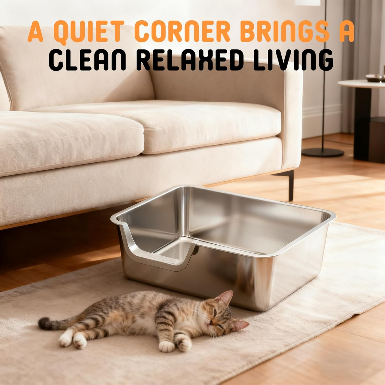 Towntime Stainless Steel Litter Box with High Sides,23.60" L X 15.7" W X 7.8" H,Extra Large Jumbo Cat Litter Box,Xl Kitty Metal Liter Box for Indoor Big Cats,Non-Sticky,Anti-Leakage(Left Entry) image number 2