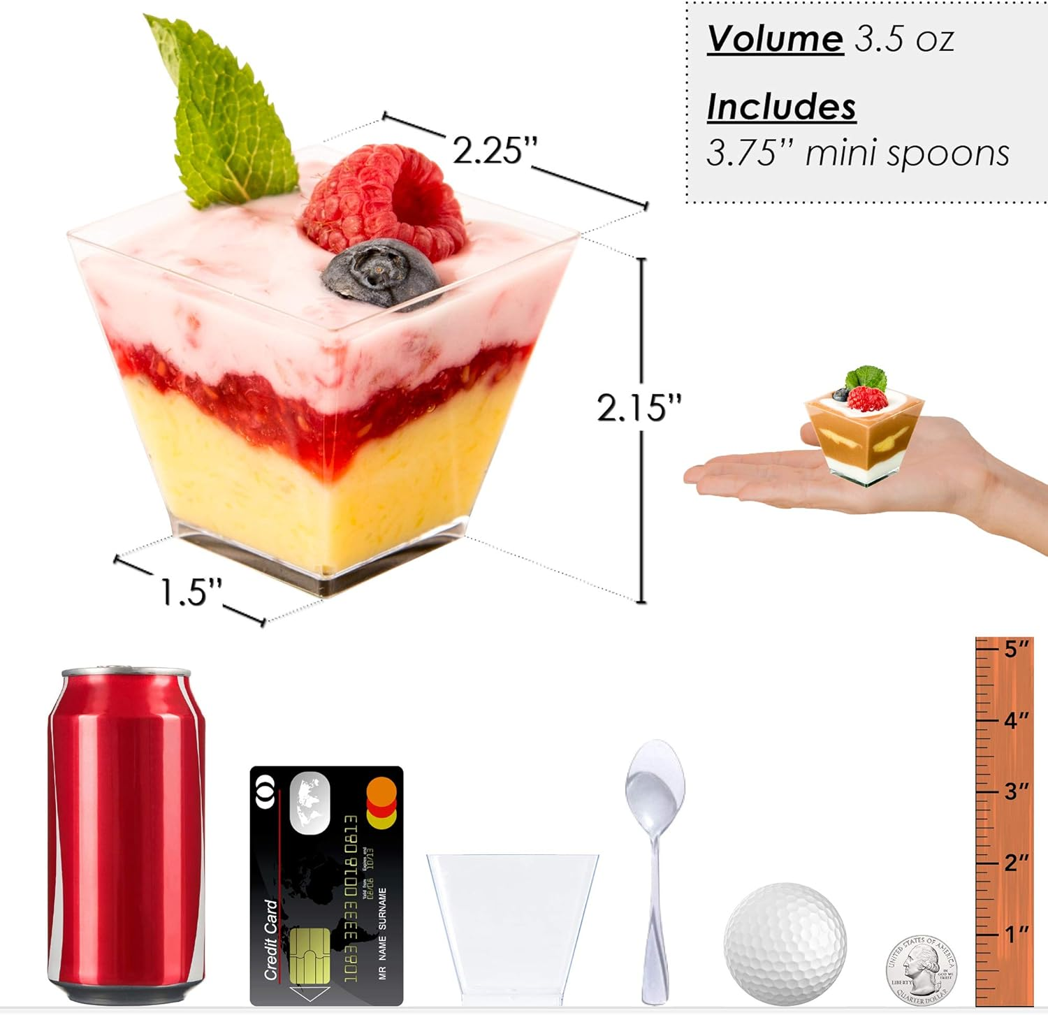 Dlux Mini Dessert Cups with Spoons (105 Ml X 50 Pcs) Clear Plastic Parfait Appetizer Cups, Square Medium 3.5 Oz Small Reusable Bowl for Party Desserts Appetizers - with Recipe Ebook image number 4