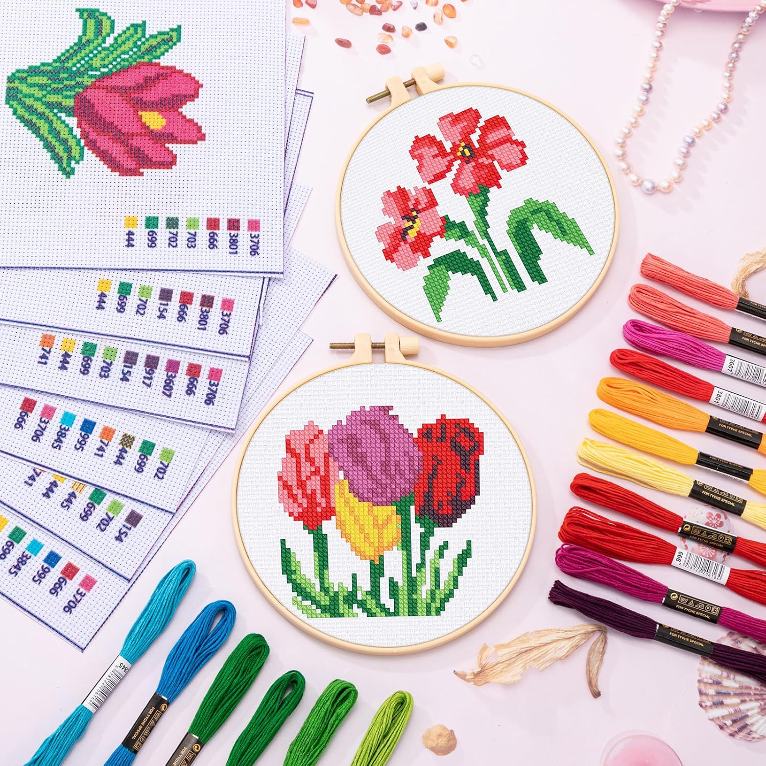 JSRQT 6Pcs Flower Cross Stitch Starter Kit for Beginners, DIY Art Sewing Embroidery Kit for Adults and Kids, Needlepoint Embroidery Kit with 2 Embroidery Hoop for Craft Lovers Embroidery Supplies image number 2