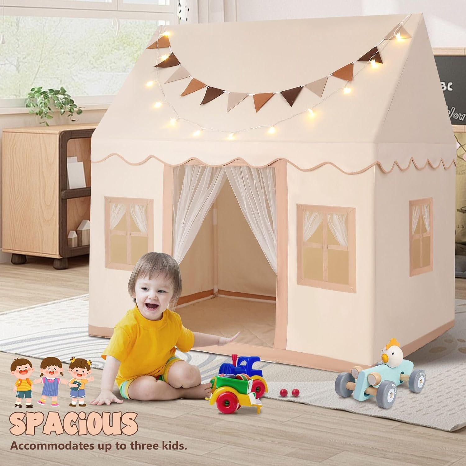 KIDBOT Kids Play Tent, Large Playhouse for Kids, with 3 Breathable Windows, Star Lights & Flag Banner Included, Toddler Tent for Boys & Girls, Beige - Model1-Beige image number 2