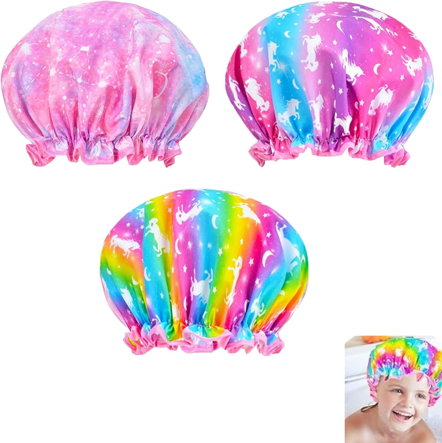 AUDWUD 3 Pcs Childrens Shower Cap，Reusable Waterproof Adjustable ，Cute Rainbow Star Long Hair Head Cap， for Taking Shower，Tie Dye, Hair Cover Hat,Dust-Proof and Oil-Proof，Bright and Vivid Colors image number 1