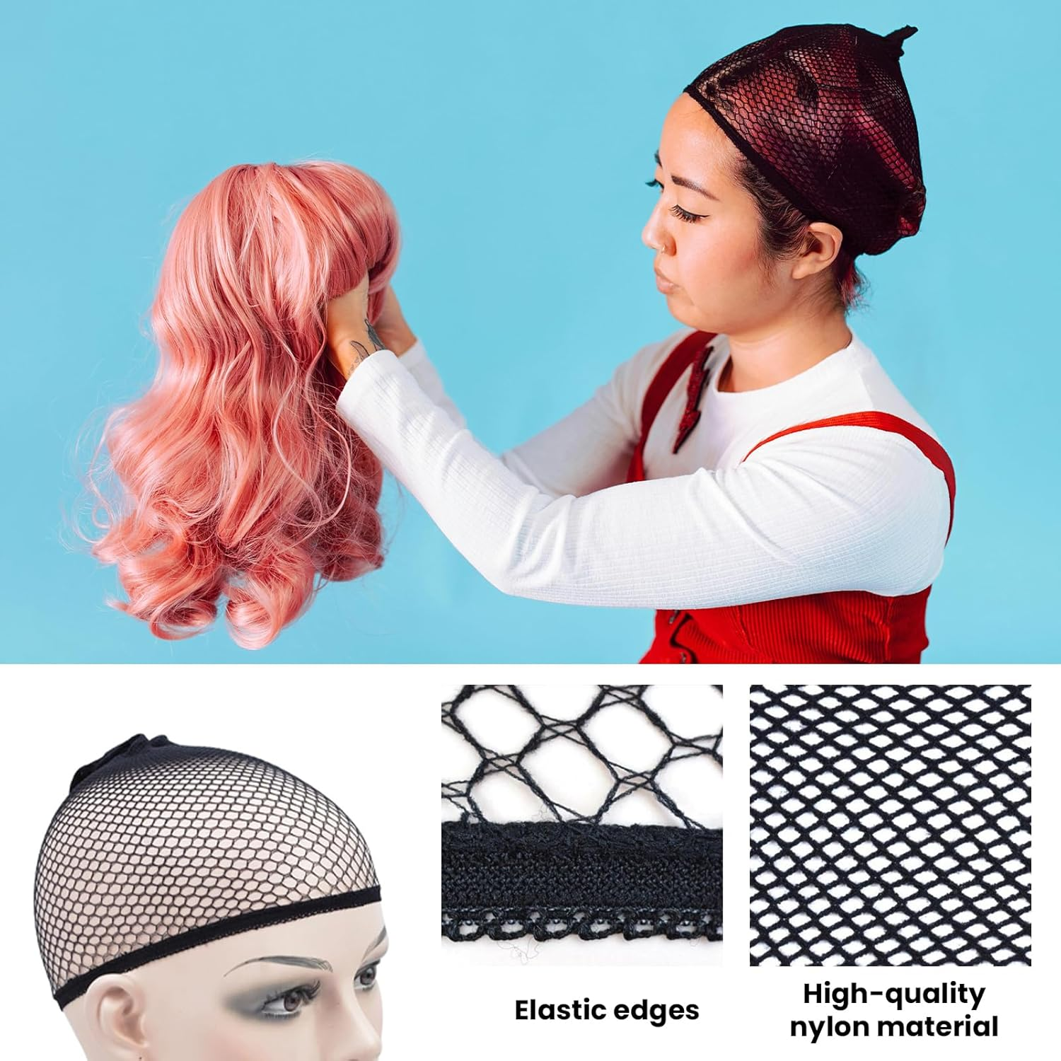 3 Pack Long Wig Caps Natural Nude Mesh Net Wig Cap - Open End Wig Cap for Long and Short Hair Long Wig Caps Mesh Net Wig Cap Bald Cap Hair Net (Breathable Comfort Fit) (Natural Nude) - Black image number 4