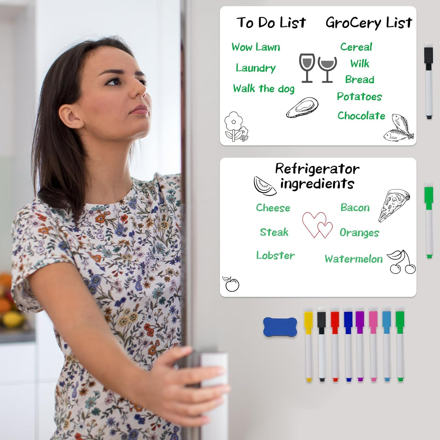 Hisredsun A3 2 Pcs Magnetic Dry Erase Whiteboard Sheet for Fridge,Small Magnet Fridge Message Boards with 8 Pens,1 Eraser,Reminder Sticker, Monthly Planner, Grocery List image number 3