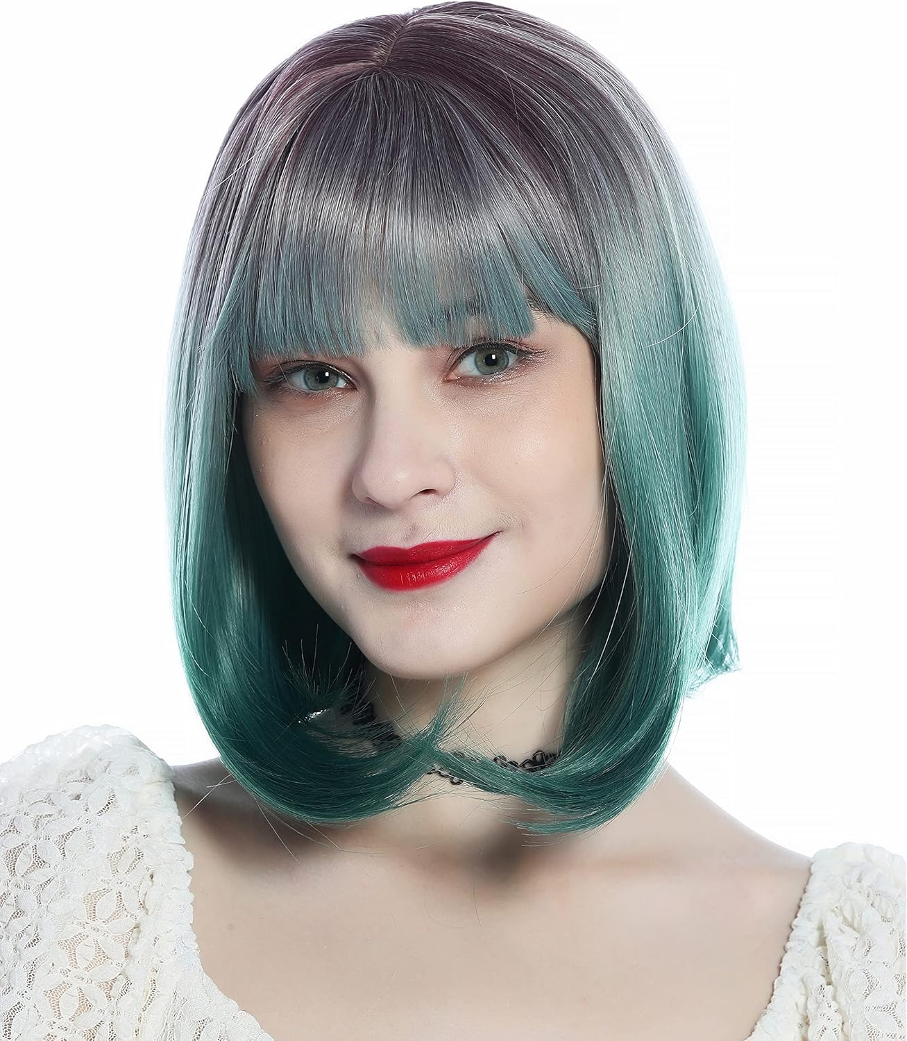 WIG ME up - SZL0842-T-007 Women'S Wig Short Straight Long Bob Bob Fringe Purple Green image number 3