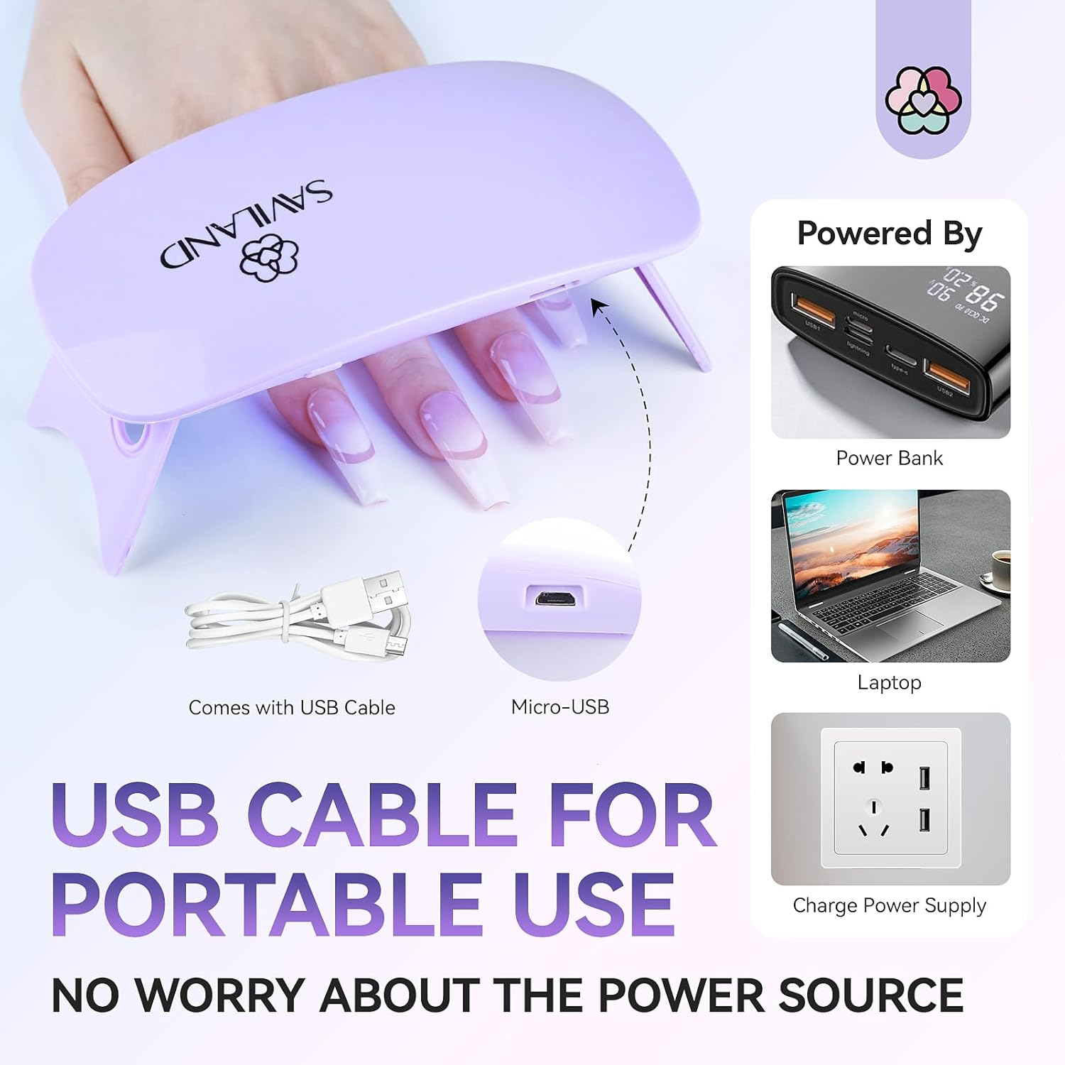 SAVILAND Nail Lamp for Gel Polish: 12W Mini Portable U V Light for Gel Nails Fast Curing Nail Light 2 Timers Gel Lamp USB Interface Gels Lamp Folding Design Personal DIY Home Traveling Use image number 3