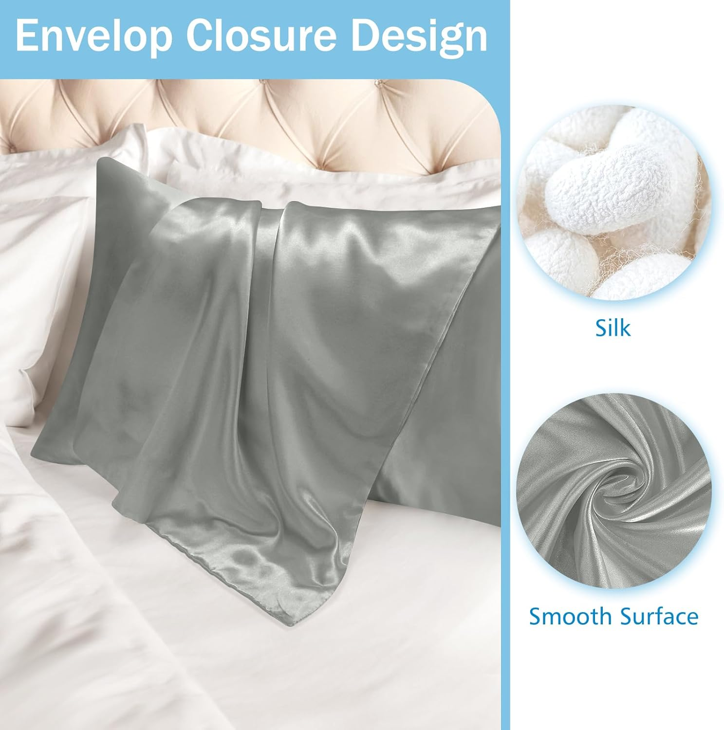 2 Pack Pillowcases, Silk Pillowcase for Women Men 51X76Cm Soft Comfortable Breathable Smooth Cooling Pillow Covers for Sleeping (Silver Gray) - Black image number 3