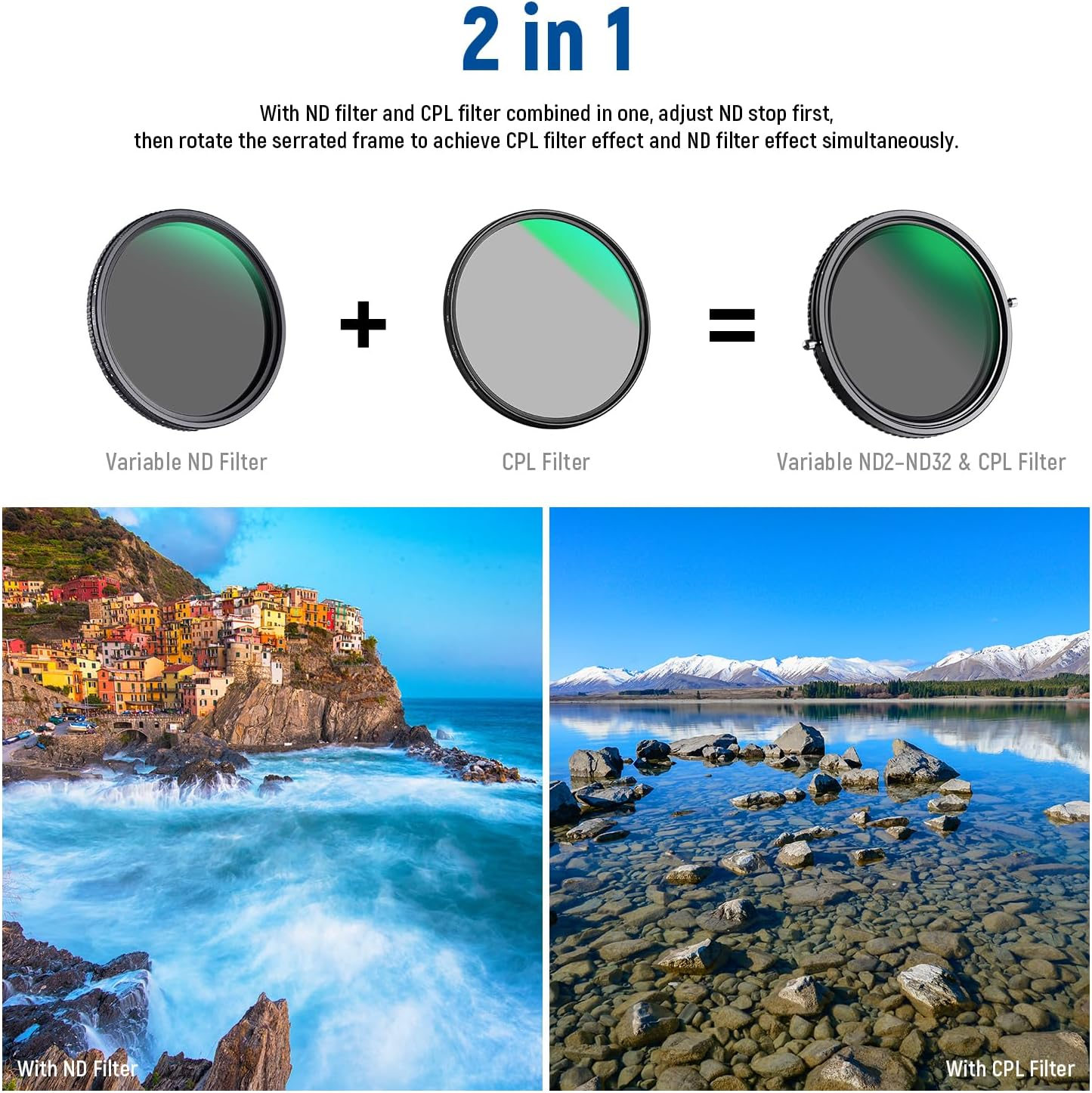 NEEWER 2 in 1 82Mm Variable ND Filter ND2&ndash;ND32&CPL Filter(Circular Polarizer Filter) No X Cross/30 Layer Nano Coated/Hd Optical Glass/Ultra Slim Aluminum Alloy Frame/Water Repellent/Scratch Resistant image number 6