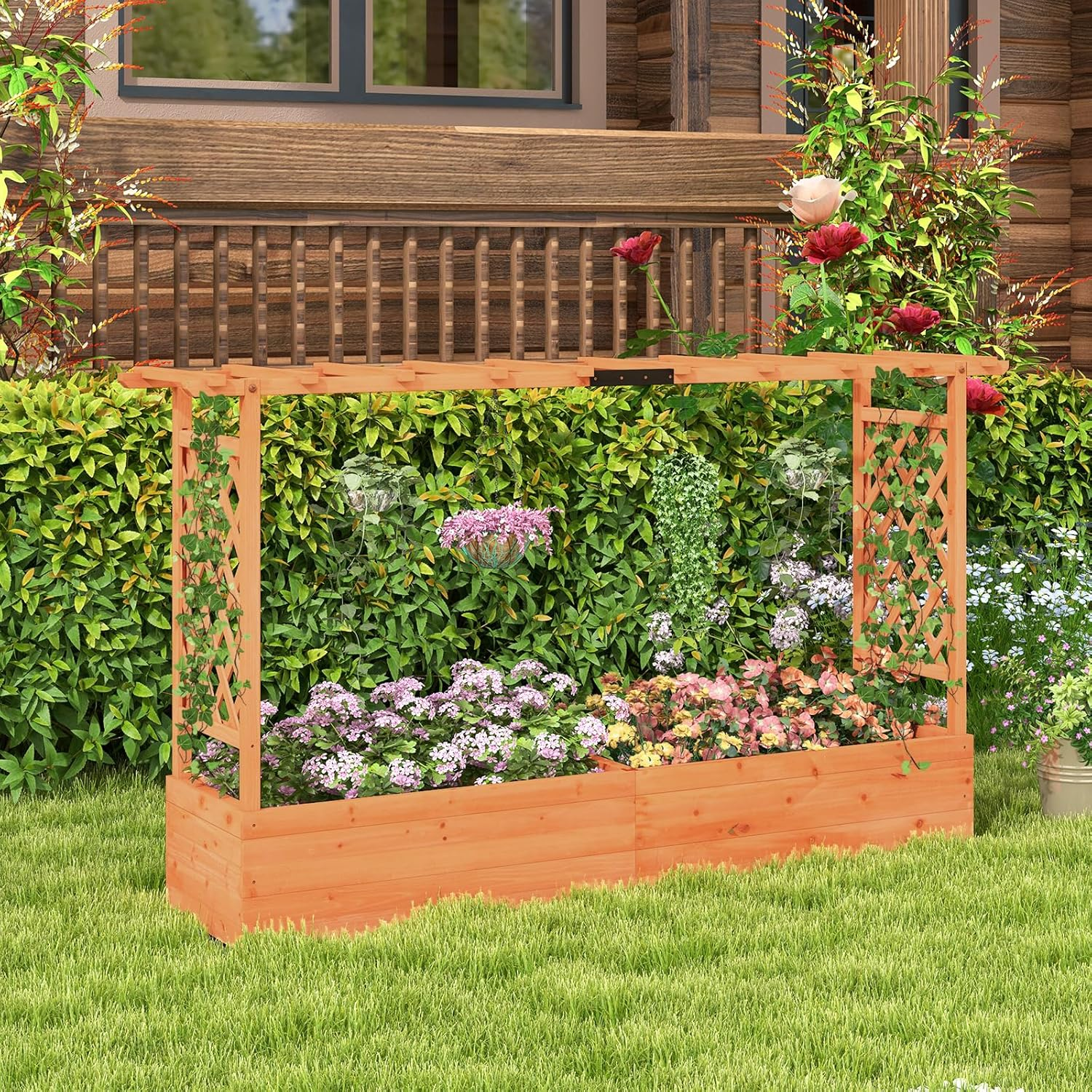 Giantex Raised Garden Bed with 2-Sided Trellis & Hanging Roof, Fir Wood Planter Box W/Drainage Holes, Bottom Gaps, Freestanding Garden Planter for Flowers Herbs Climbing Vines (79" X 17.5" X 45") image number 1