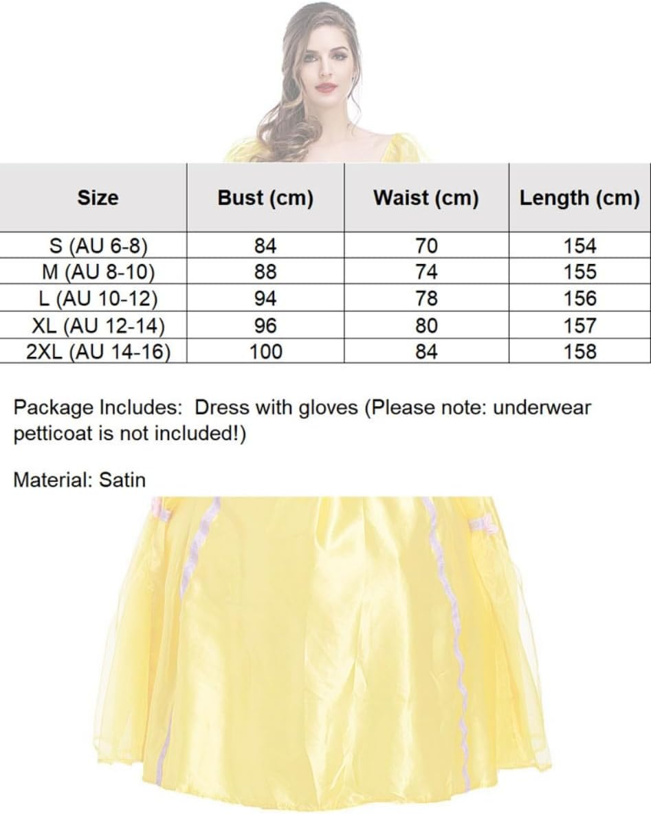Costume Bay Womens Yellow Princess Dress Costume Satin Dress Gloves Halloween Cosplay Fantasy Ball Gown Yellow Royal Elegant Outfit Set image number 3