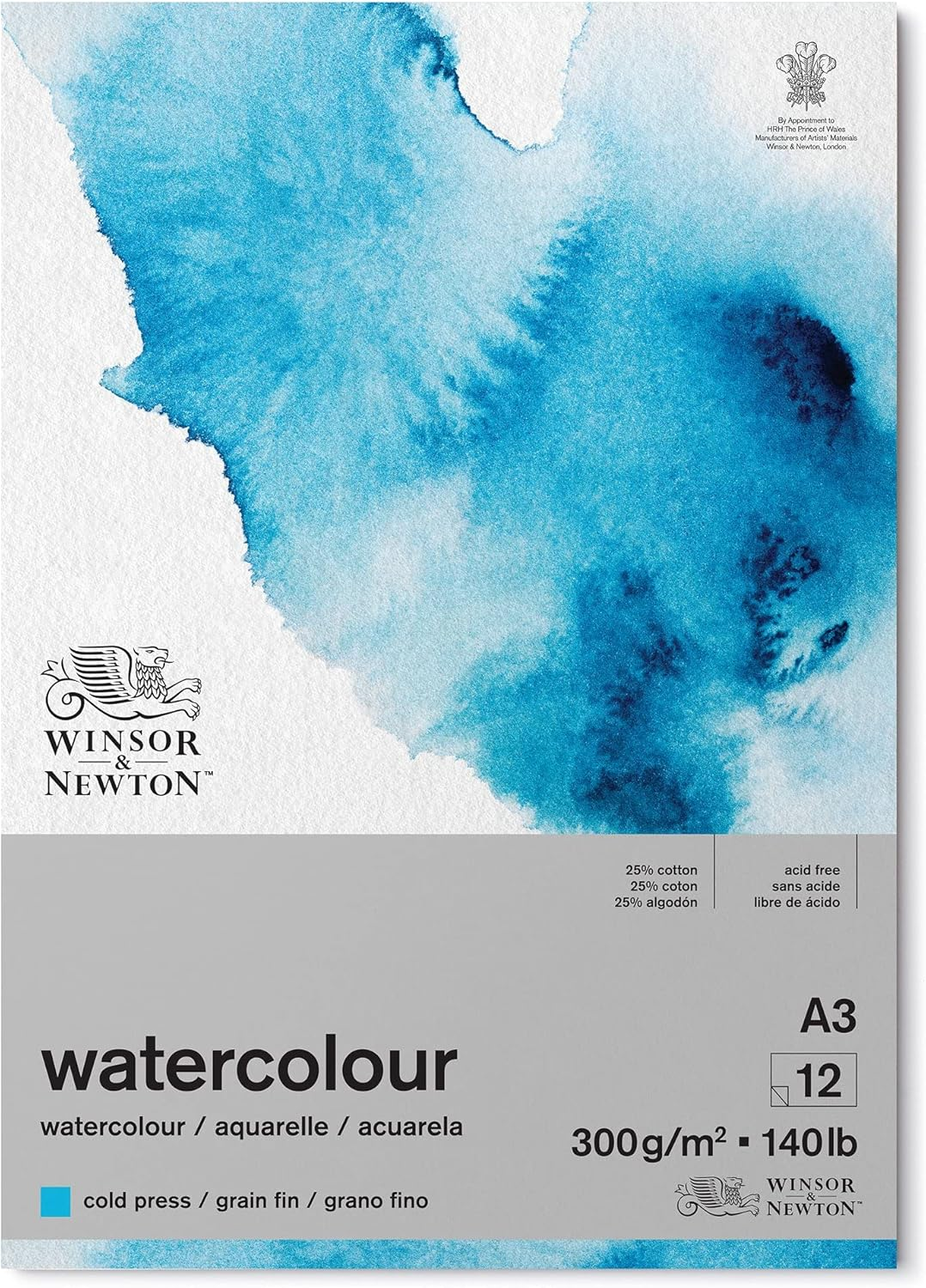 Winsor and Newton Watercolour Paper Pad, 22.9 X 30.5 Cm, 12 Sheets, 300 G/M, Glue Bound, Cold Pressed, Acid, Mixture of 25 Percent Cotton and Cellulose Fibres, Natural White