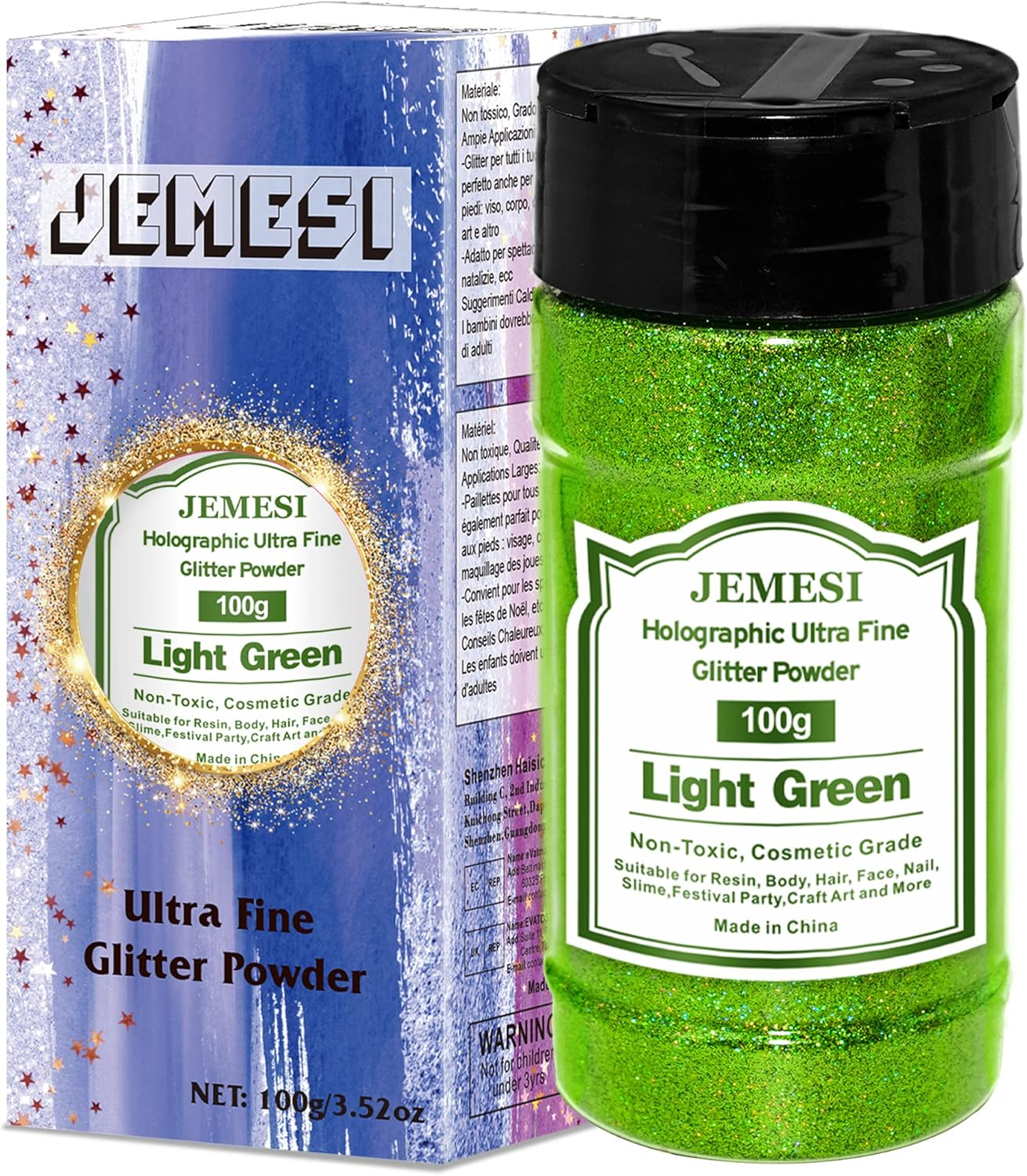 JEMESI Green Fine Glitter Holographic Glitter Powder, Glitter Powder for Epoxy Resin, Nail, Casting, Body Art & Decoration - 100 G image number 1