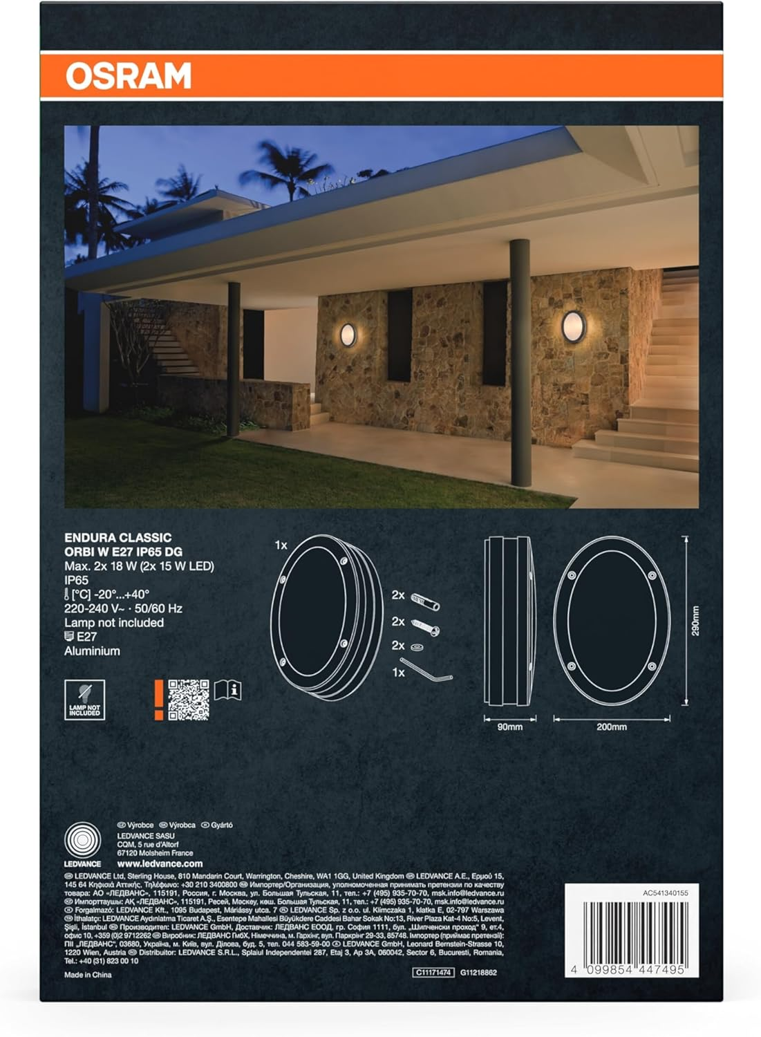 OSRAM Endura Classic Orbi W Outdoor Light, Wall Light, E27 Socket, Dark Grey, Aluminium, Quick & Easy Installation, Frosted Diffuser, IP65 Protection Class, Outdoor Use image number 4
