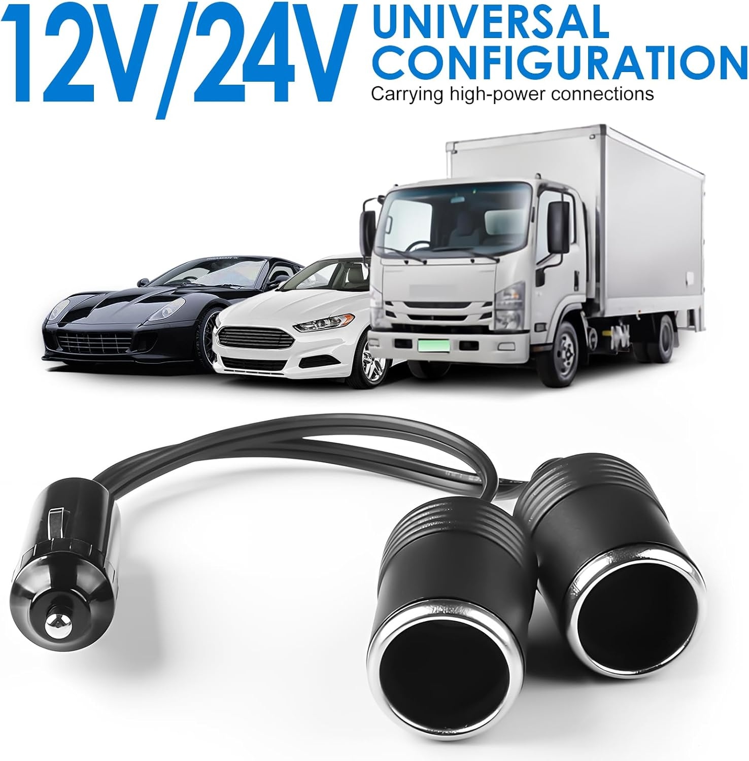 1 to 2 Car Cigarette Lighter Splitter Adapter - 12V/24V Plug Socket 2-Way Splitter Y Adapter with 15A Fuse, 9.84" Extension Cord with Dual Charger Port for Simultaneous Charging for Cars Trucks Rvs