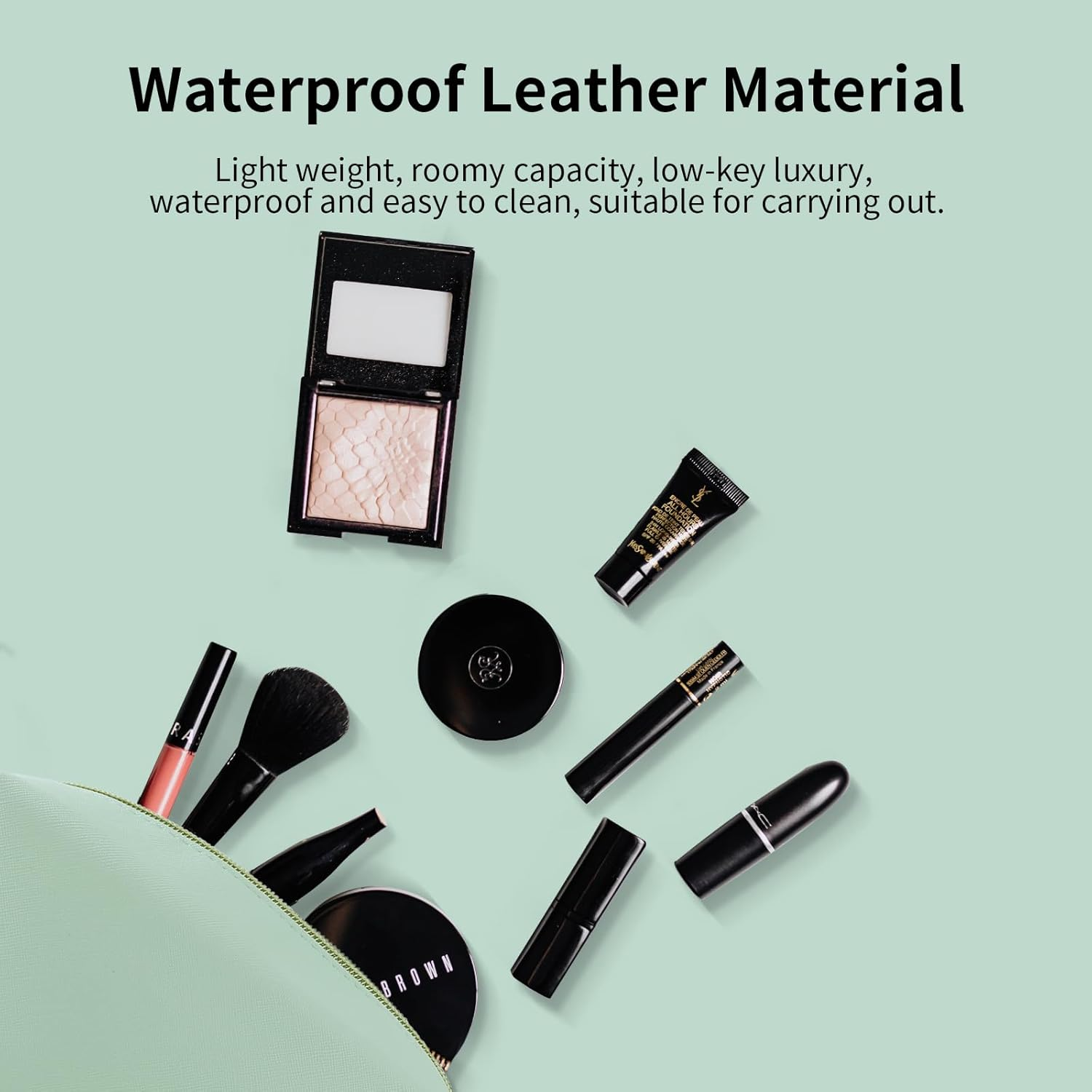 Makeup Bag Cosmetic for Women, Small Purse Pouch Waterproof PU Leather Portable Versatile Fashion Zipper, Green image number 2