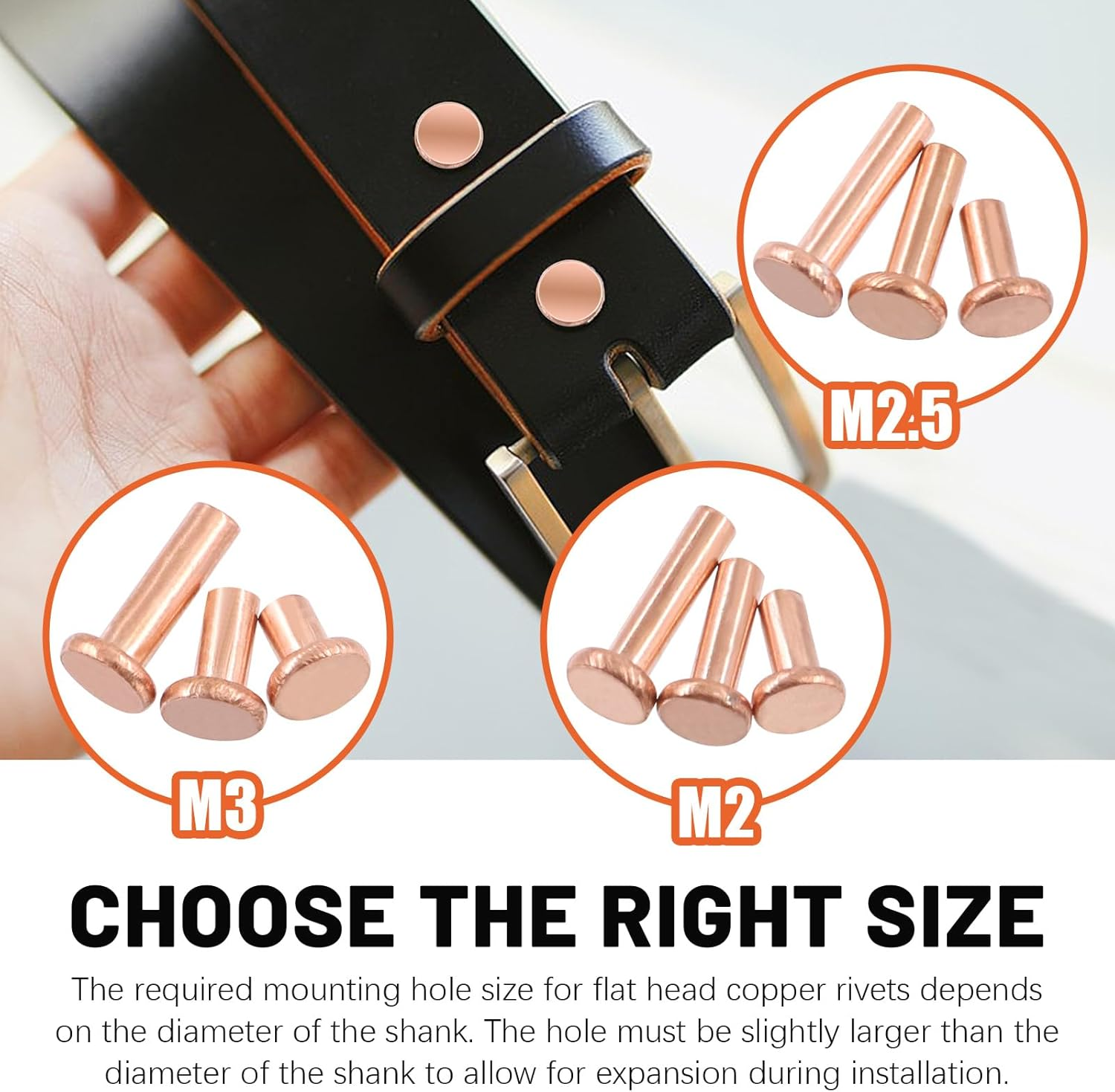 Tanstic 270Pcs Flat Head Copper Solid Rivets, M2X4/6/8, M2.5X5/8/10, M3X4/6/10 Solid Copper Rivets Fasteners for Electrical Applications Copper Finish Copper Tone image number 2