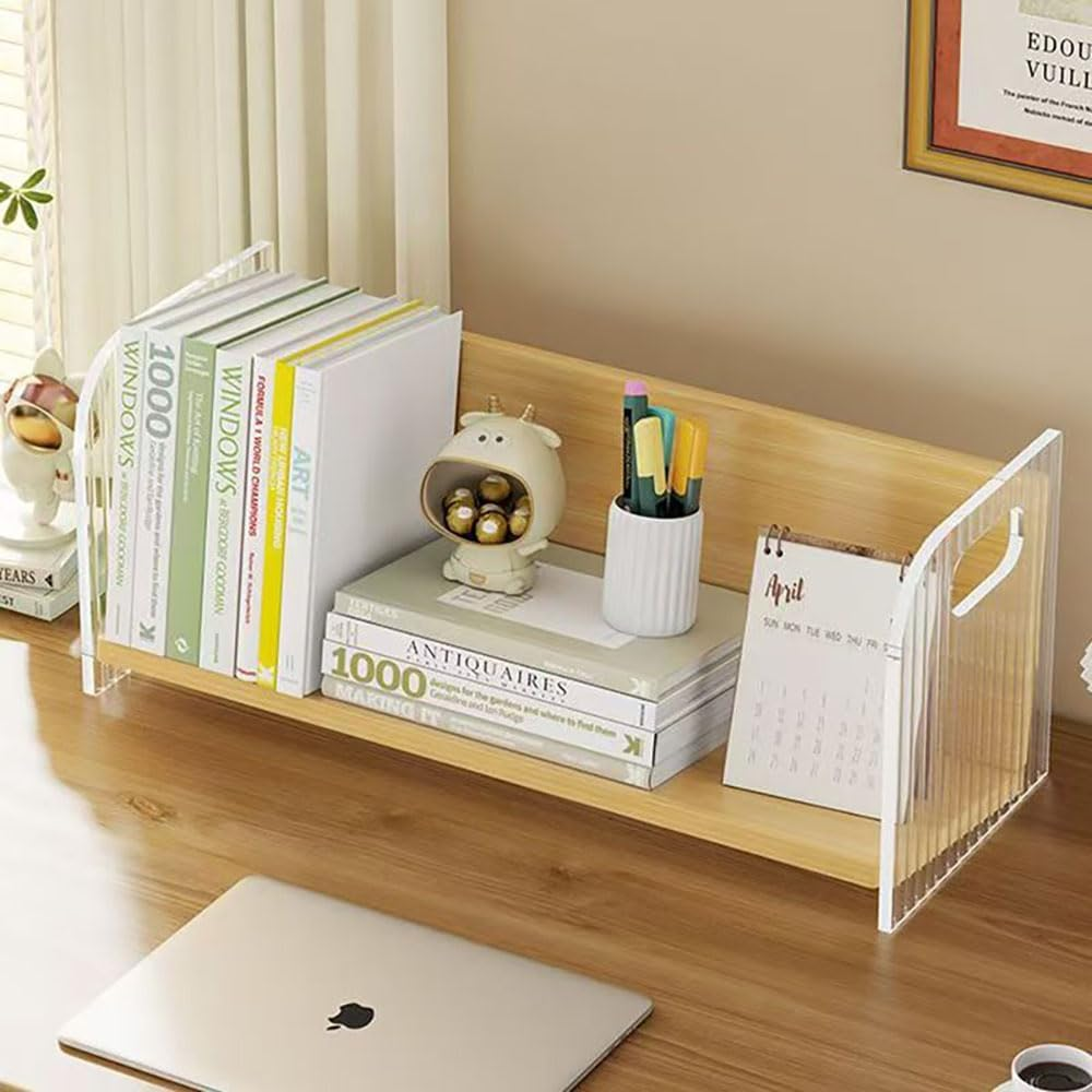 Hbluefat Acrylic Desktop Bookshelf Organizer, Small Wood Desk Bookcase, Multipurpose Tabletop Storage Shelf Rack for Home Office (Wood) - White image number 6