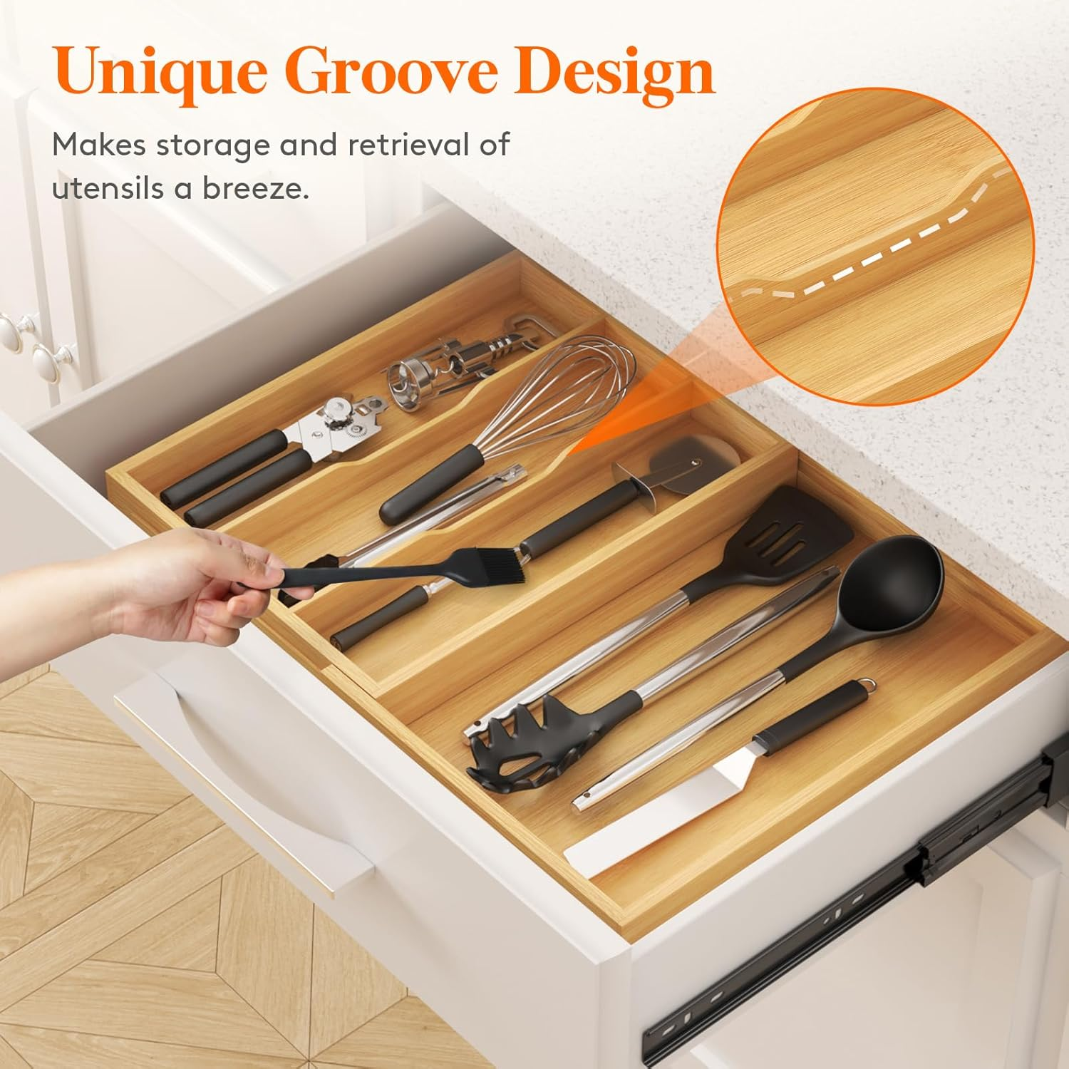 Lifewit Utensil Drawer Organizer, Expendable Cooking Silverware Tray for Kitchen Drawer, Bamboo Adjustable Cutlery Flatware Holder, Spatula Tools and Gadgets Storage Divider, 4 Compartments, Natural image number 2