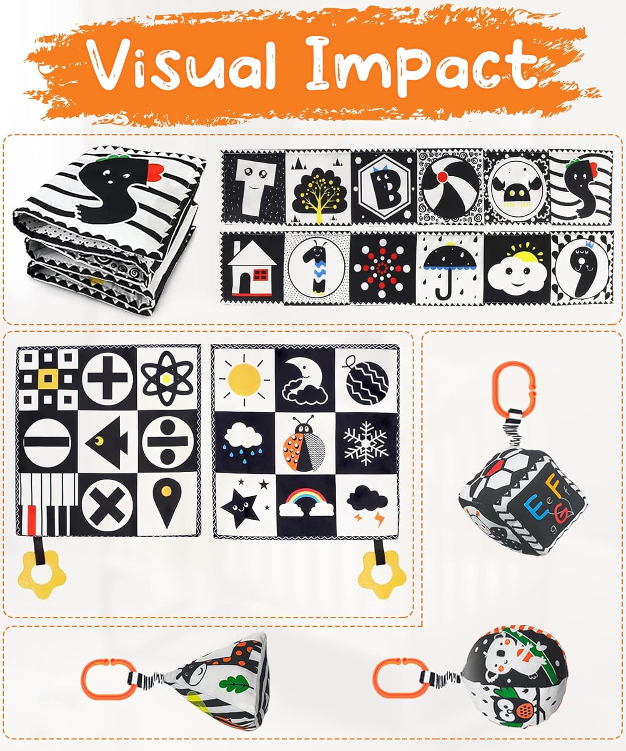 Newborn Toys - 5 Pcs Black and White High Contrast Baby Toys 0-3 Months, Babies Sensory Soft Book, Infant Tummy Time Toys 0 6 9 Months Baby Gifts - Baby Brain Development Essentials image number 3