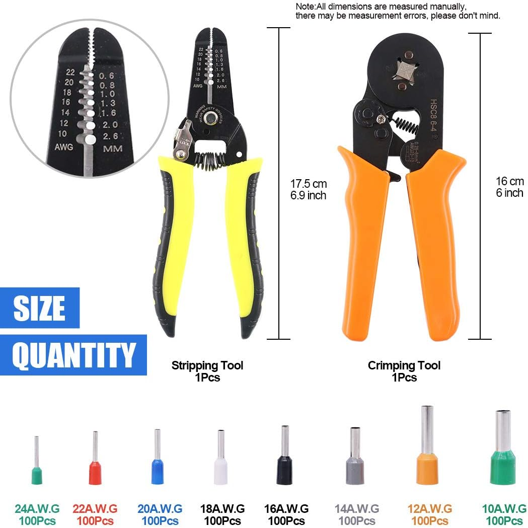 Glarks Ferrule Crimping Tool Kit, Ferrule Wire Terminal Block Crimper Plier with 800Pcs Wire Ferrule Terminals Kit Insulated 0.25-6.0Mm&sup2;, AWG 23-10 and a 10-22 AWG Wire Stripper for Wiring Projects