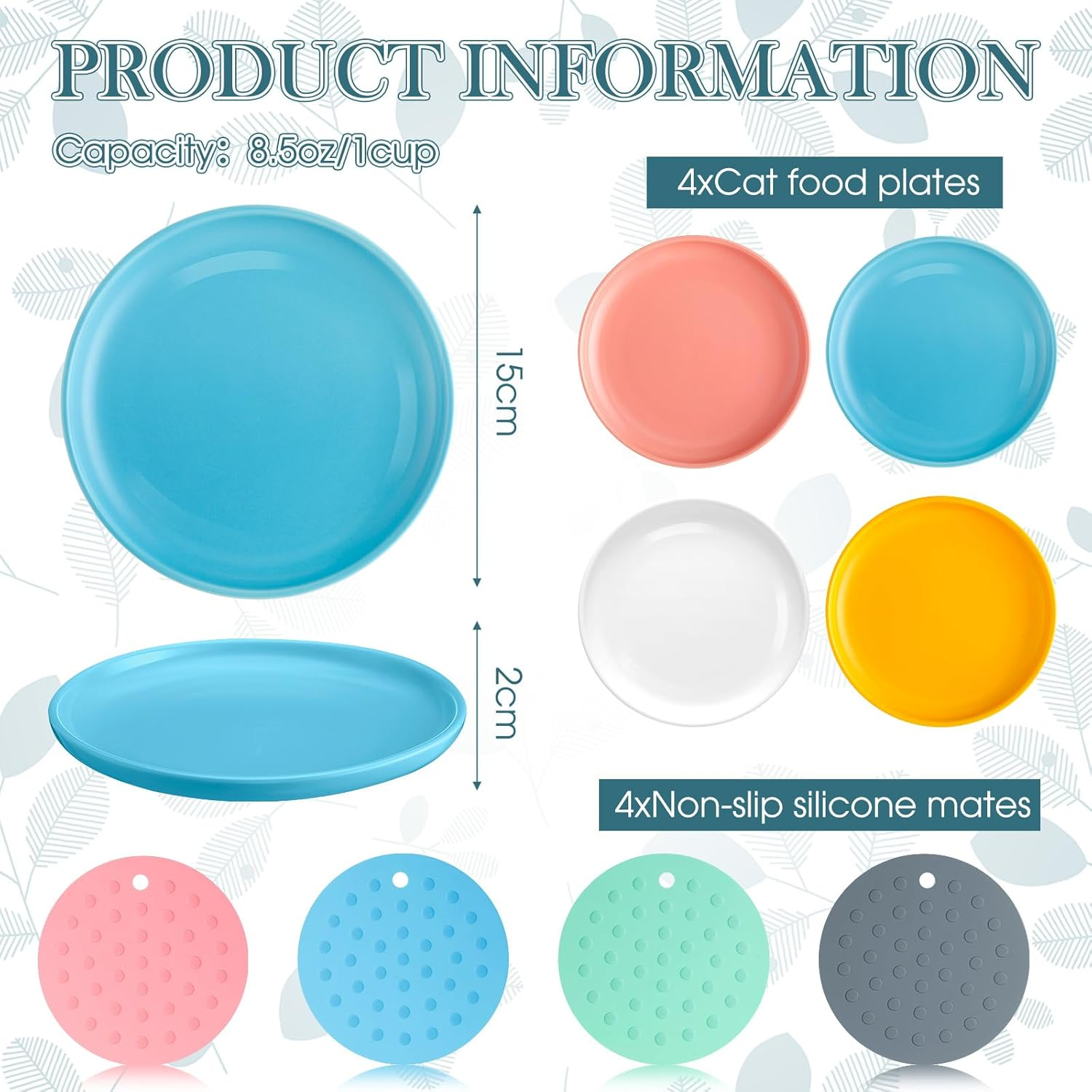 Blulu 4 Ceramic Cat Bowls with 4 Non-Slip Silicone Mats Flat Cat Feeding Bowls to Relieve Whisker Fatigue Cat Food Plate for Kittens Small Pets Water Wet Food image number 3