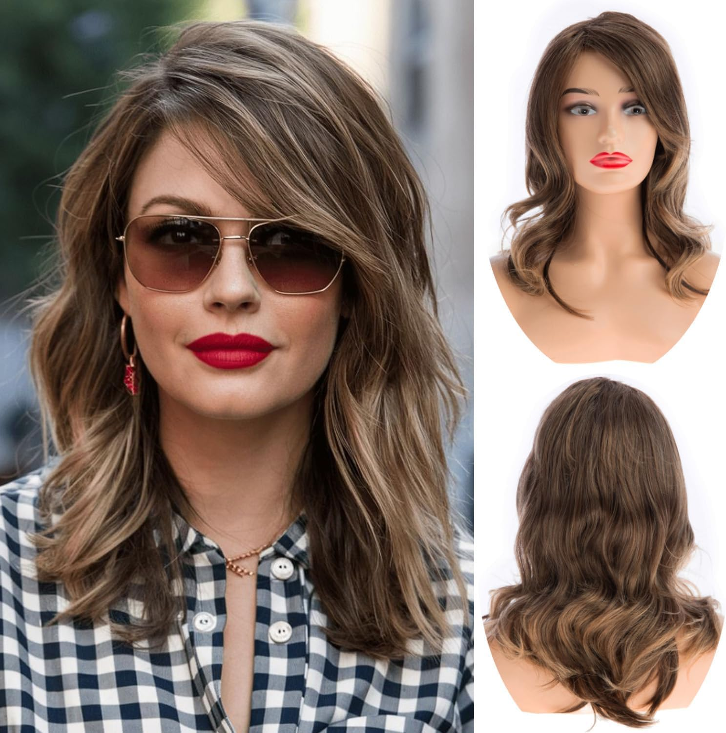 Beweig Brown Wig with Bangs for Women, Natural Curly Bob Wig with Side Bangs, Synthetic Heat Resistant Wigs for Daily Party