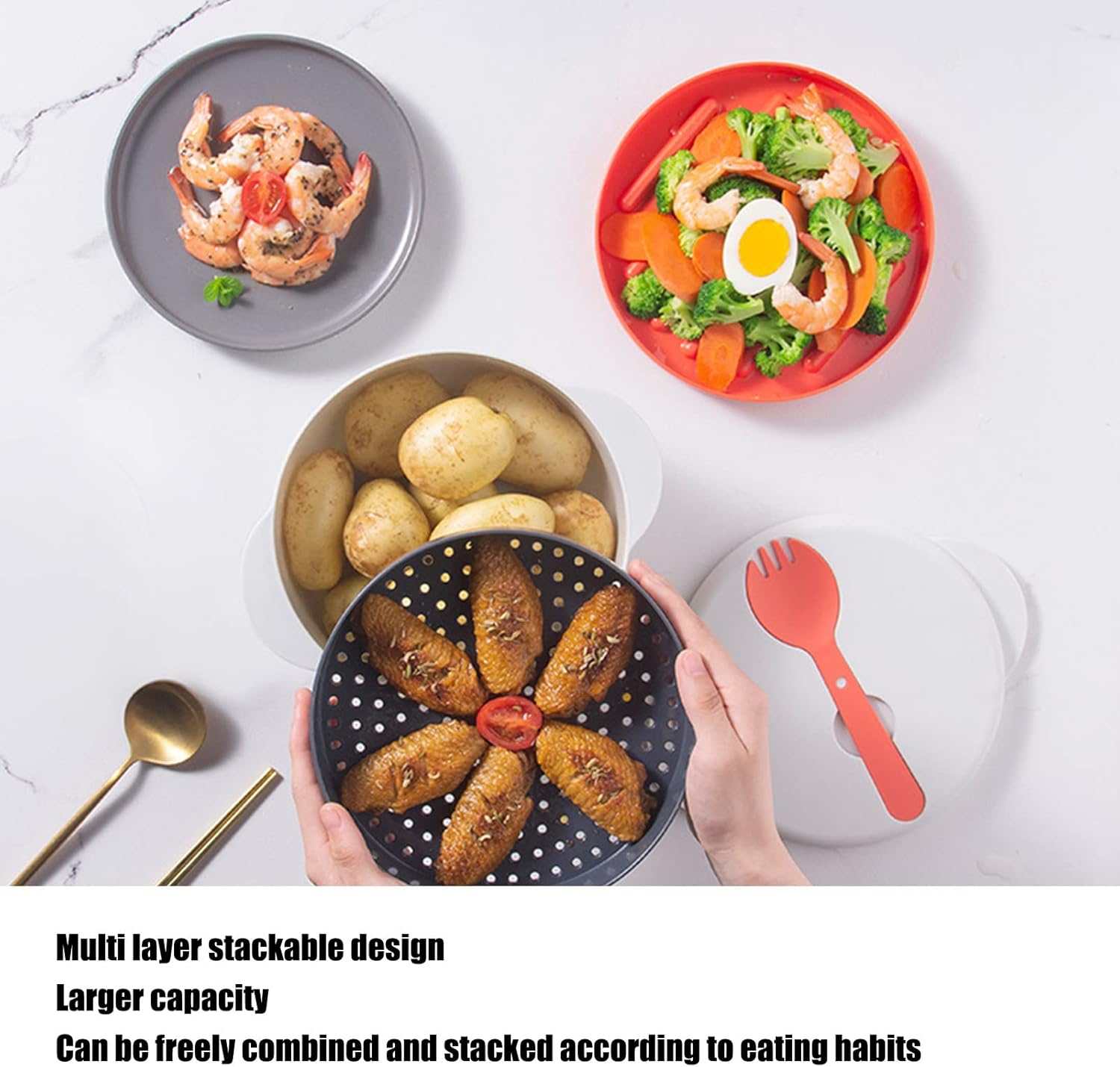 Microwave Steamer Cookware, 2L Multi Layer Stackable Microwave Cooker with Spoon & Lid Multifunctional Steamer Bowl Basket Food Container Microwave Steaming Container with Handle image number 1