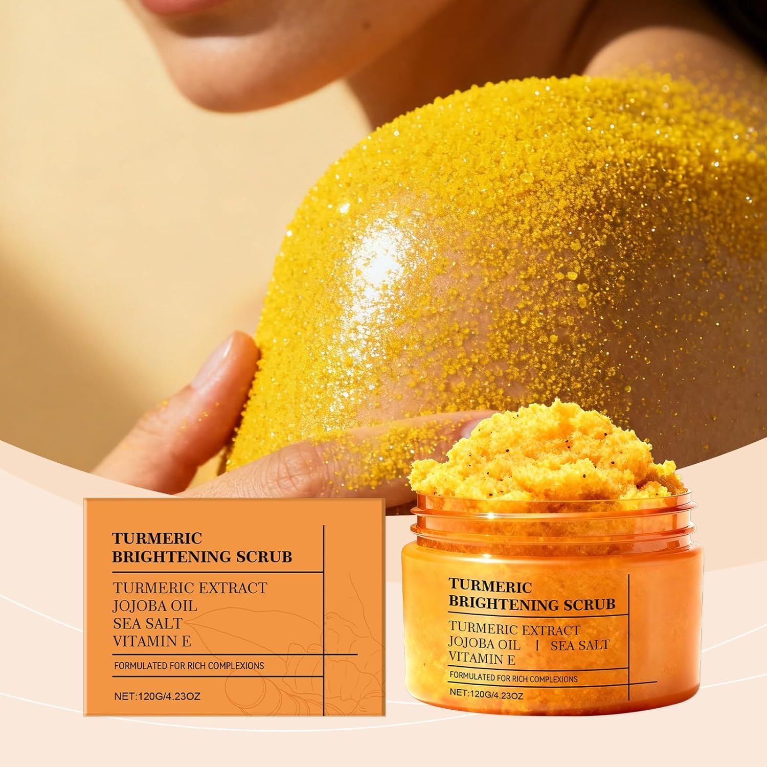 Turmeric Exfoliating Body Scrub for Dark Spots, Brightening Inner, Underarms, Inner Thighs, Bikini Area, Moisturizing Face and Body Polish image number 1