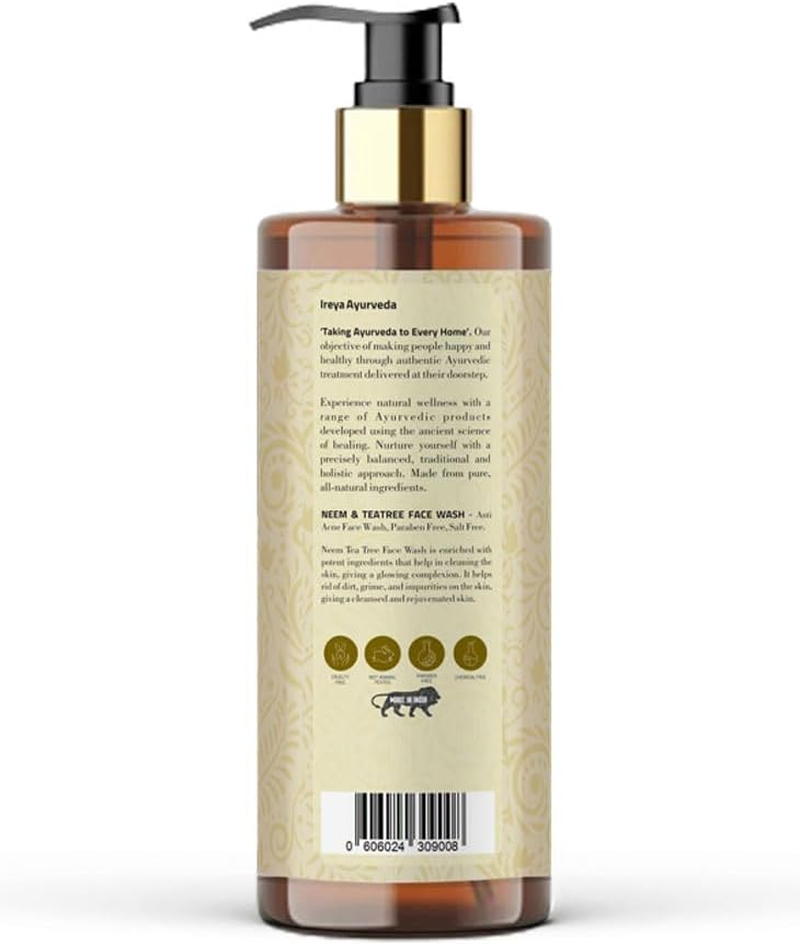 Ireya Ayurveda Tea Tree Face Wash 3.38Oz Made with Neem Extract Tea Tree Oil Moisturizing Face Wash for Men and Women, 100 Ml Pack of 1