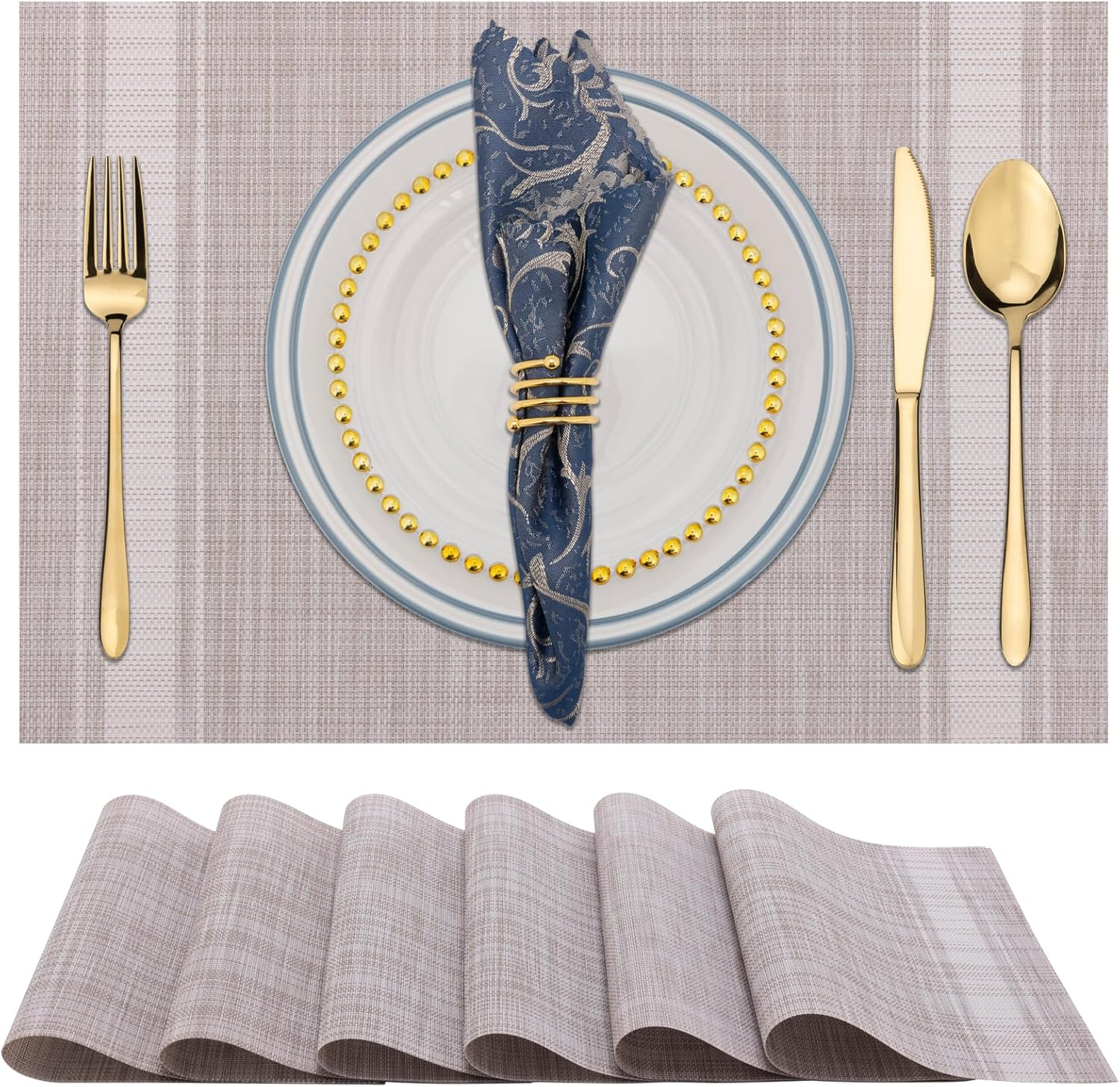 Placemats Set of 6, Heat & Stain Resistant Non-Slip Elegant Woven Vinyl Table Mats, Washable Table Mats for Dining Room Kitchen (Beige White) image number 5