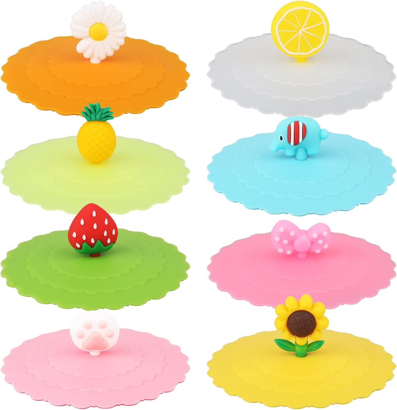 KINBOM 8Pcs Silicone Cup Lids, Colorful Anti-Dust Mug Cover - Cute Reusable Lids for Cups, Mugs, Beer Glasses - 8 Styles