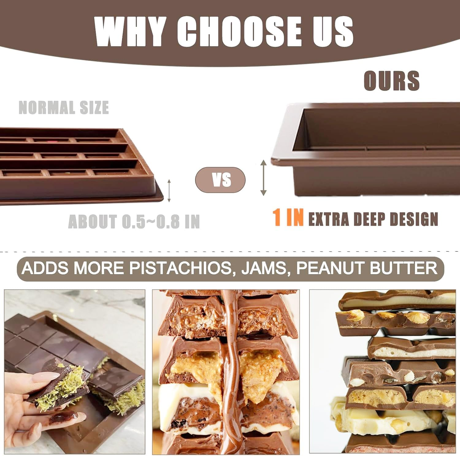 Suithink 2 Pieces Deep Chocolate Bar Molds, 1 Inch Deep Large and Thick Silicone Chocolate Bar Molds for Dubai Chocolate Bar Pistachio, Candy, Chocolate Snacks, Milk Chocolate Bar image number 5