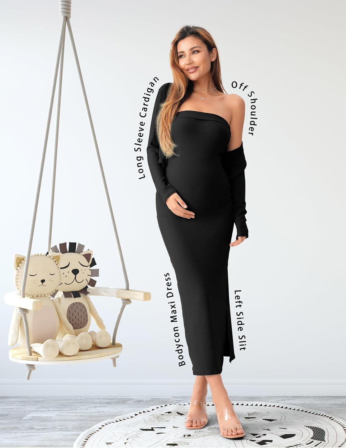 SUNNYBUY Baby Shower Maternity Tube Dress Short Cardigan Bodycon Ribbed Maxi Dress Casual 2 Piece Pregnancy Outfit Set, Black, Xx-Large image number 5