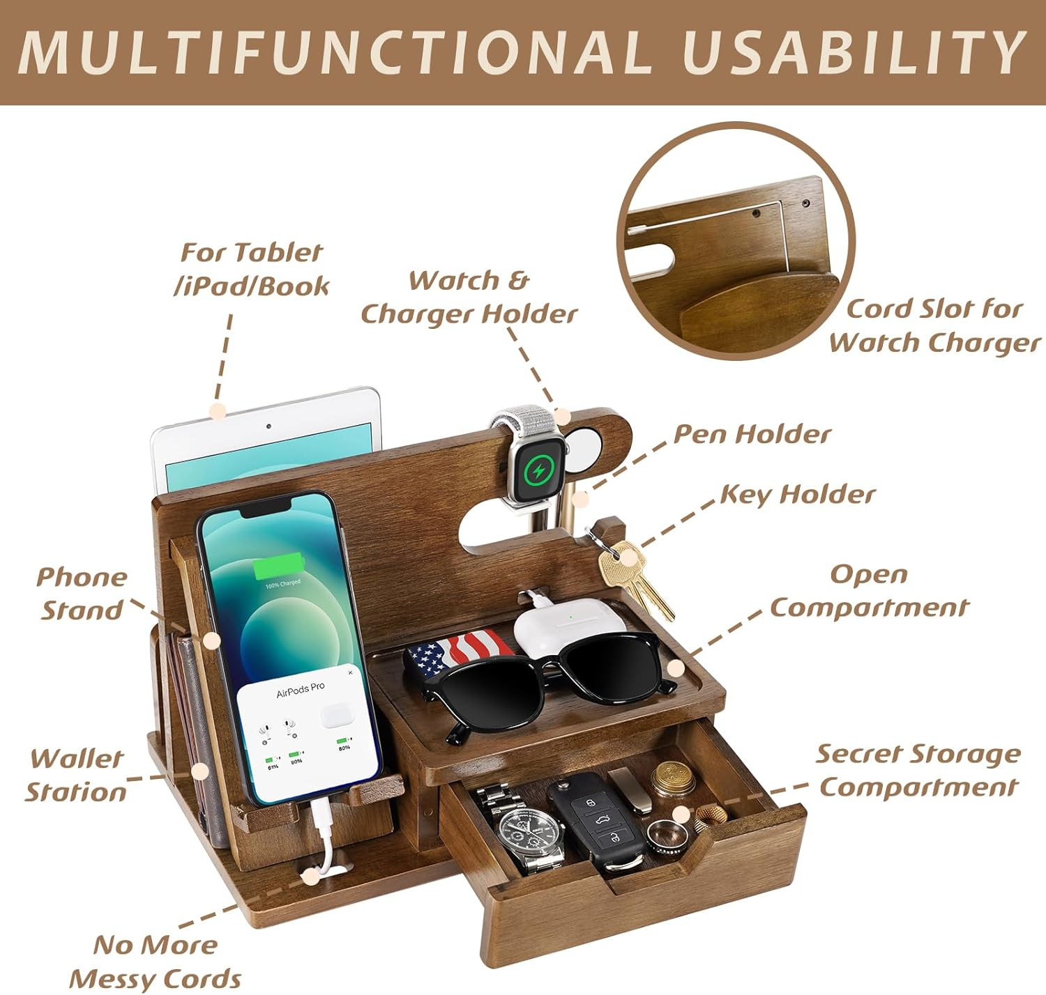 Fathers Day Dad Gifts from Daughter Son Wife, Wood Phone Docking Station with Drawer, Birthday Anniversary Men Him Husband Boyfriend Gifts from Girlfriend, Mens Nightstand Organizer Presents Ideas image number 4