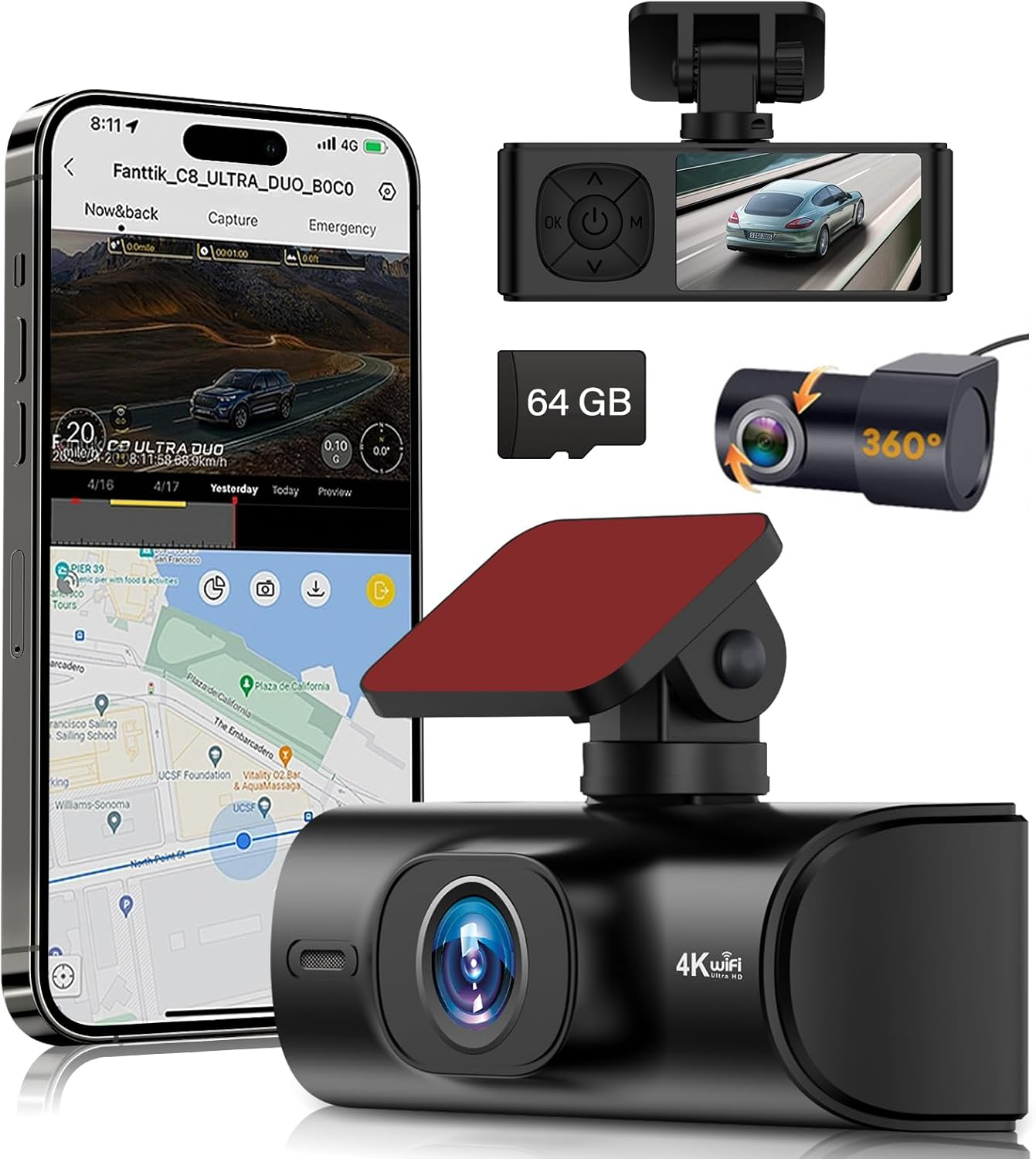 4K Dual Dash Cam Front and Rear, 4K+1080P Dashcam with 64GB Card,Car Dash Camera Built-In Wifi, GPS, 24 Hours Parking Monitor,G-Sensor, Super Night Vision, Loop Recording image number 1