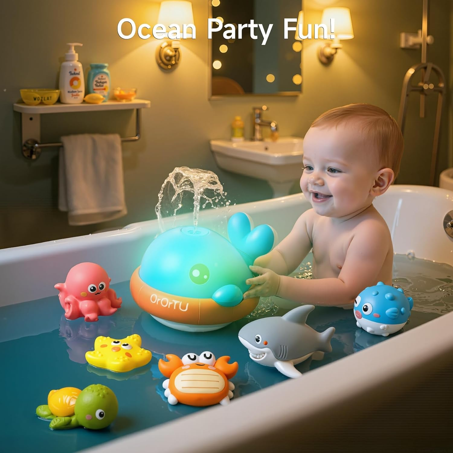OR or TU Light up Whale Sprinkler Bath Toys for Baby Toddler, Mold Free No Hole Animal Bathtub Toys Set Water Toy for Kids 18M+ image number 1