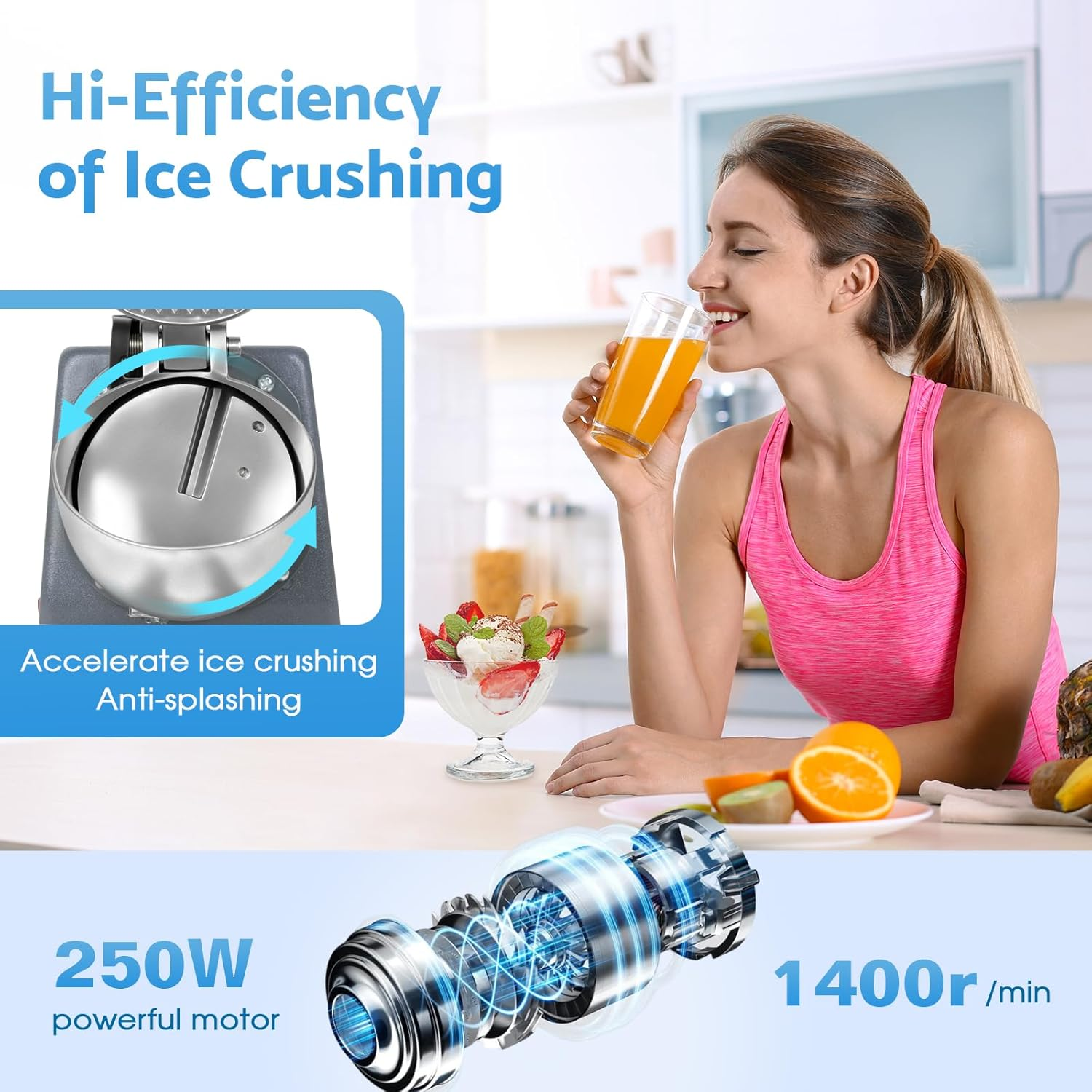 Advwin Shaved Ice Maker, 300W Electric Ice Crusher Stainless Steel Shaving Blade, (65Kg/Hr, 1400Rpm), Suitable for Home and Commercial Use image number 3