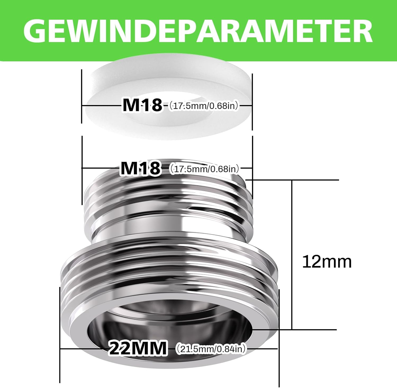 Yvyan Tap Adapter M18 to M22-2 Pieces, Thread Adapter for Male Thread M18 and M22, Suitable for Kitchen Taps, Water Savers, Water Cleaners, Hose Connections (Silver, M18-M22) image number 6