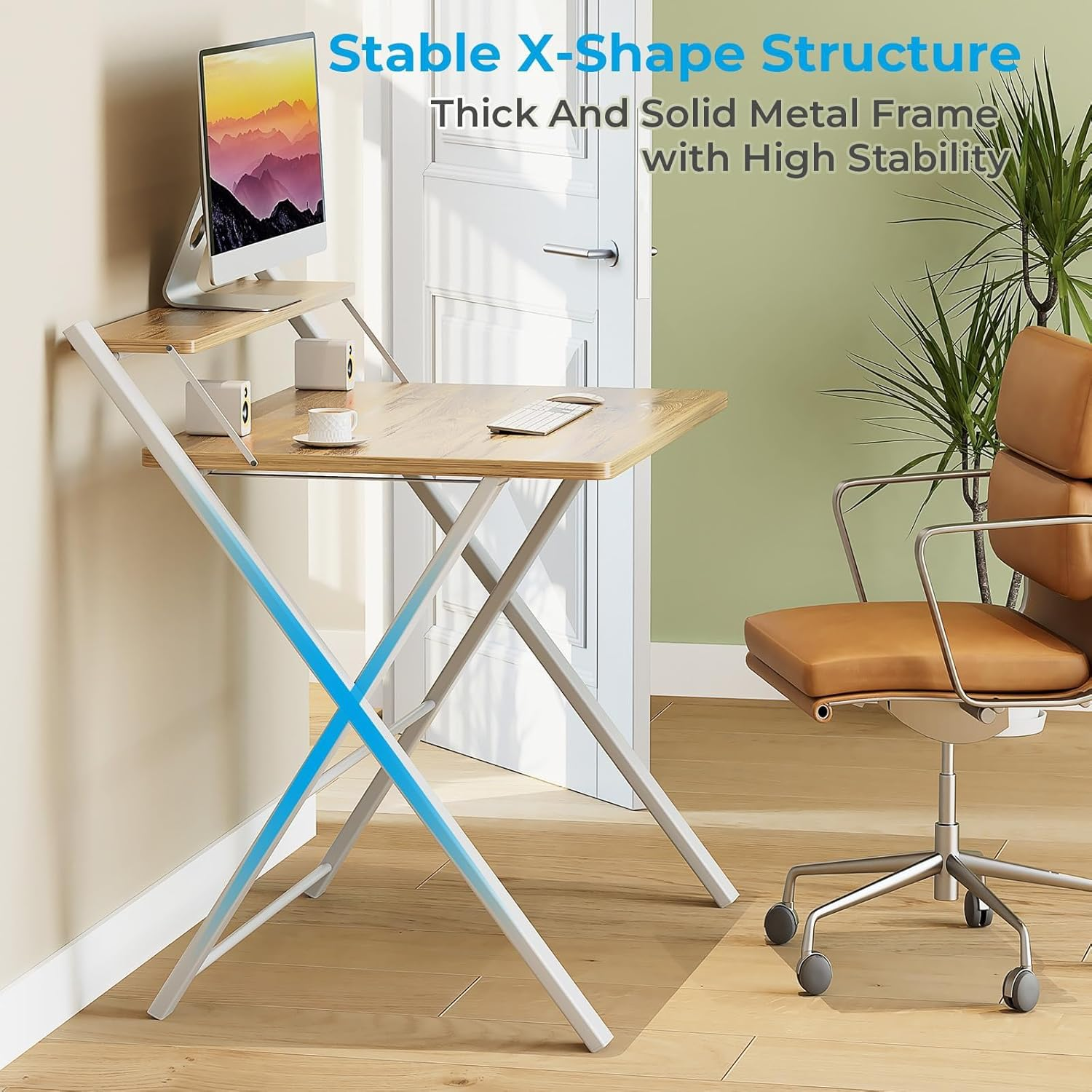 Folding Desk No Assembly Required Small Size, 2-Tier Foldable Computer Desk with Shelf for Home Office, Space Saving Portable Laptop Study Foldable Table for Small Spaces (Oak, 69 X 56 Cm) image number 4