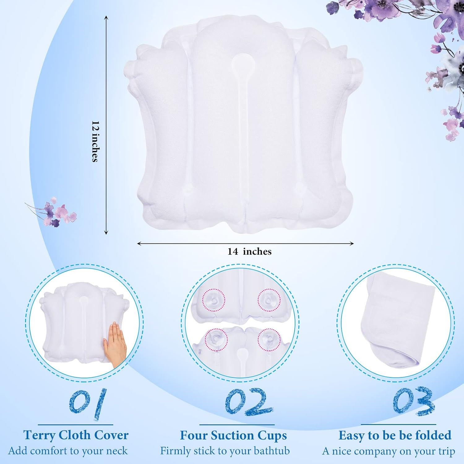 Jetec Inflatable Bath Pillow for Tub Non Slip Bathtub Pillow Soft Comfortable Terry Cloth Bath Pillow White Head Spa Pillow with Suction Cup for Bathtub Cushion, Hot Tub image number 4