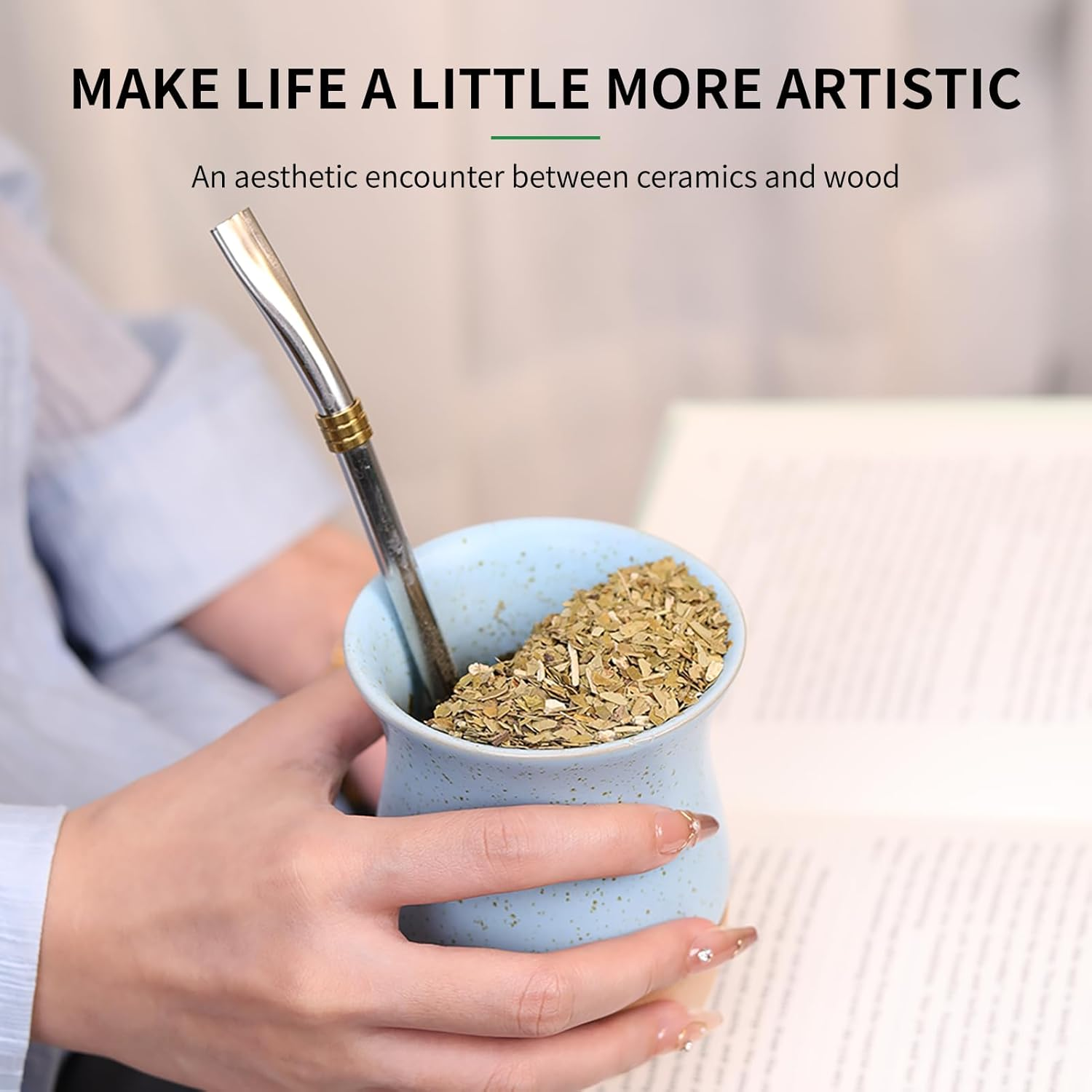 8 OZ Ceramic Yerba Mate Cup with Original Wood Base, Includes Mate Gourd, Bombilla Straw and Cleaning Brush - Perfect for Traditional Yerba Mate and Modern Style Drinking Mug (Blue) - Black image number 5