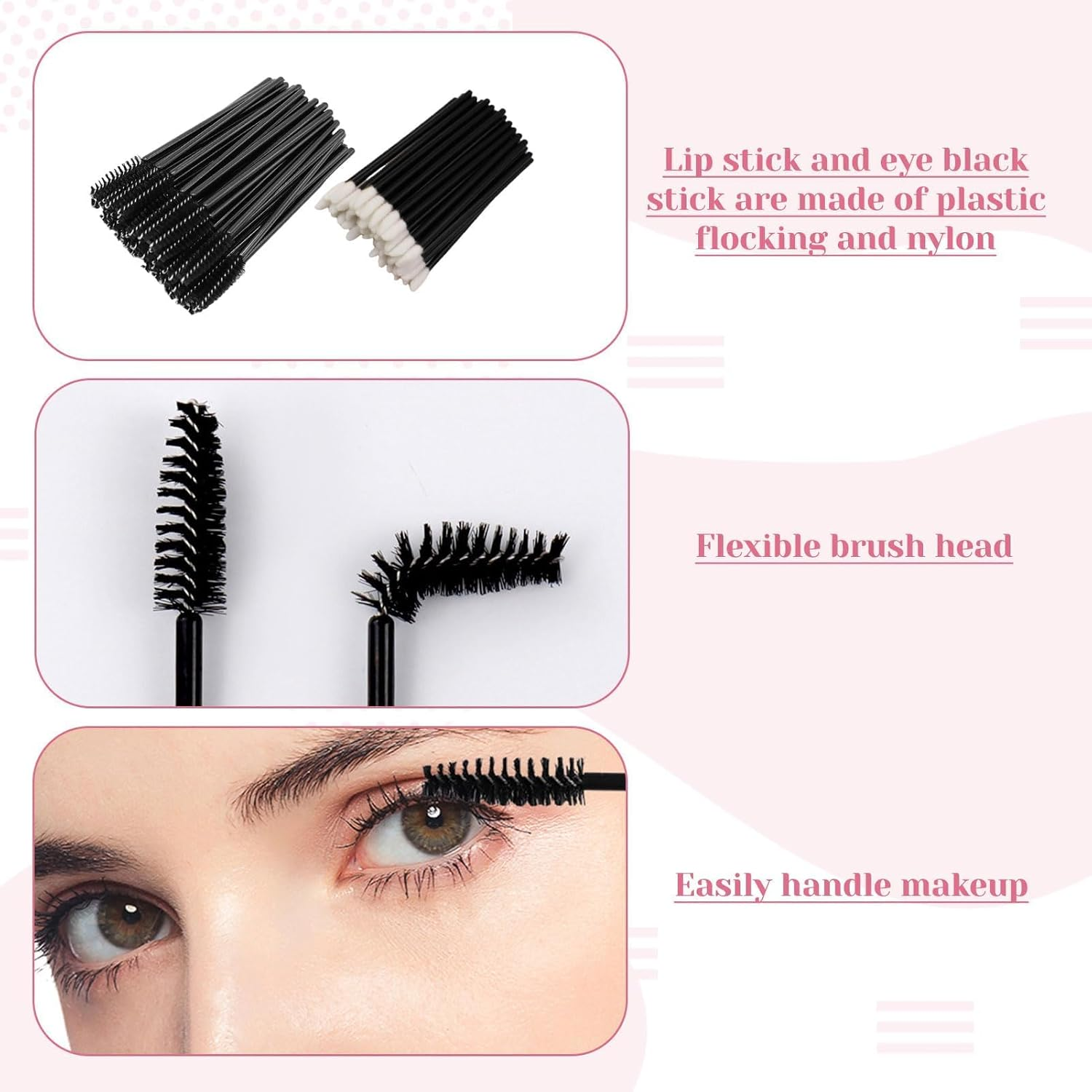 100Pcs Mascara Wands Eyelash Brushes, 100Pcs Lip Scrubber Brush, Disposable Makeup Tool Set, Eyebrow Brush Cosmetic Makeup Brush Tool Kits, Ideal for Mascara, Lip Gloss and Lipstick Testing image number 3